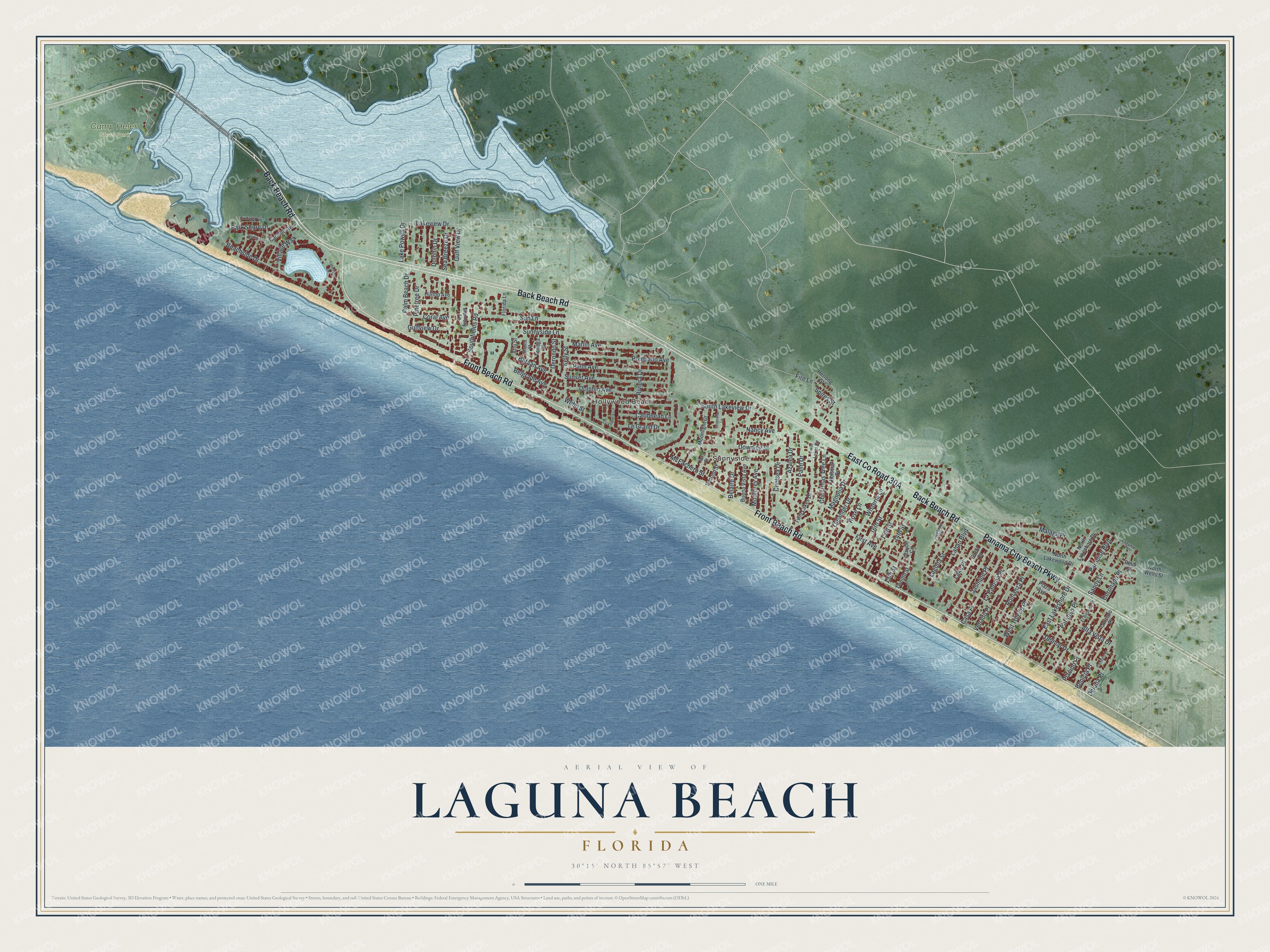 Full map of Laguna Beach, Florida, with red buildings, printed street names and the land around them
