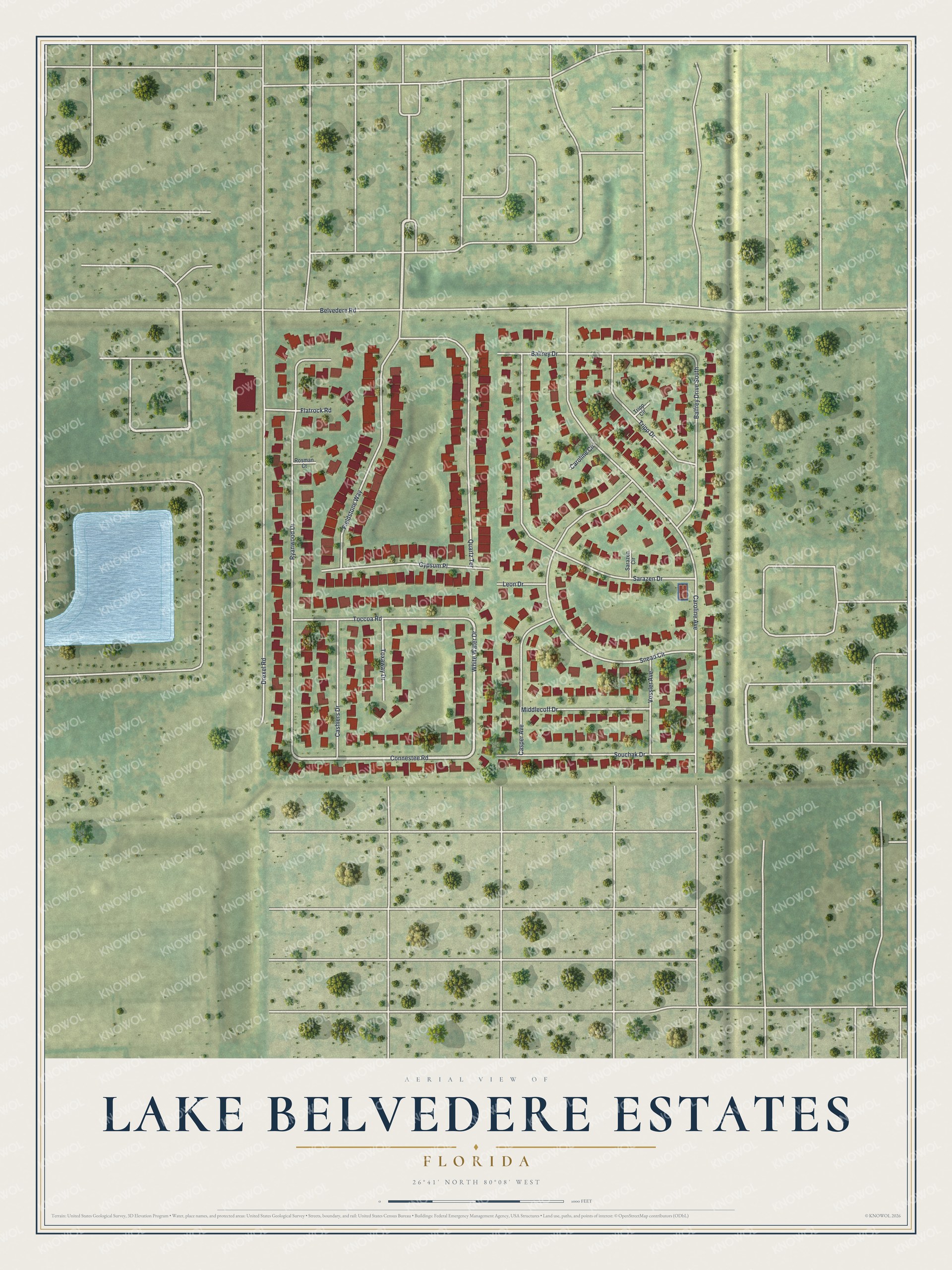 Full map of Lake Belvedere Estates, Florida, with red buildings, printed street names and the land around them