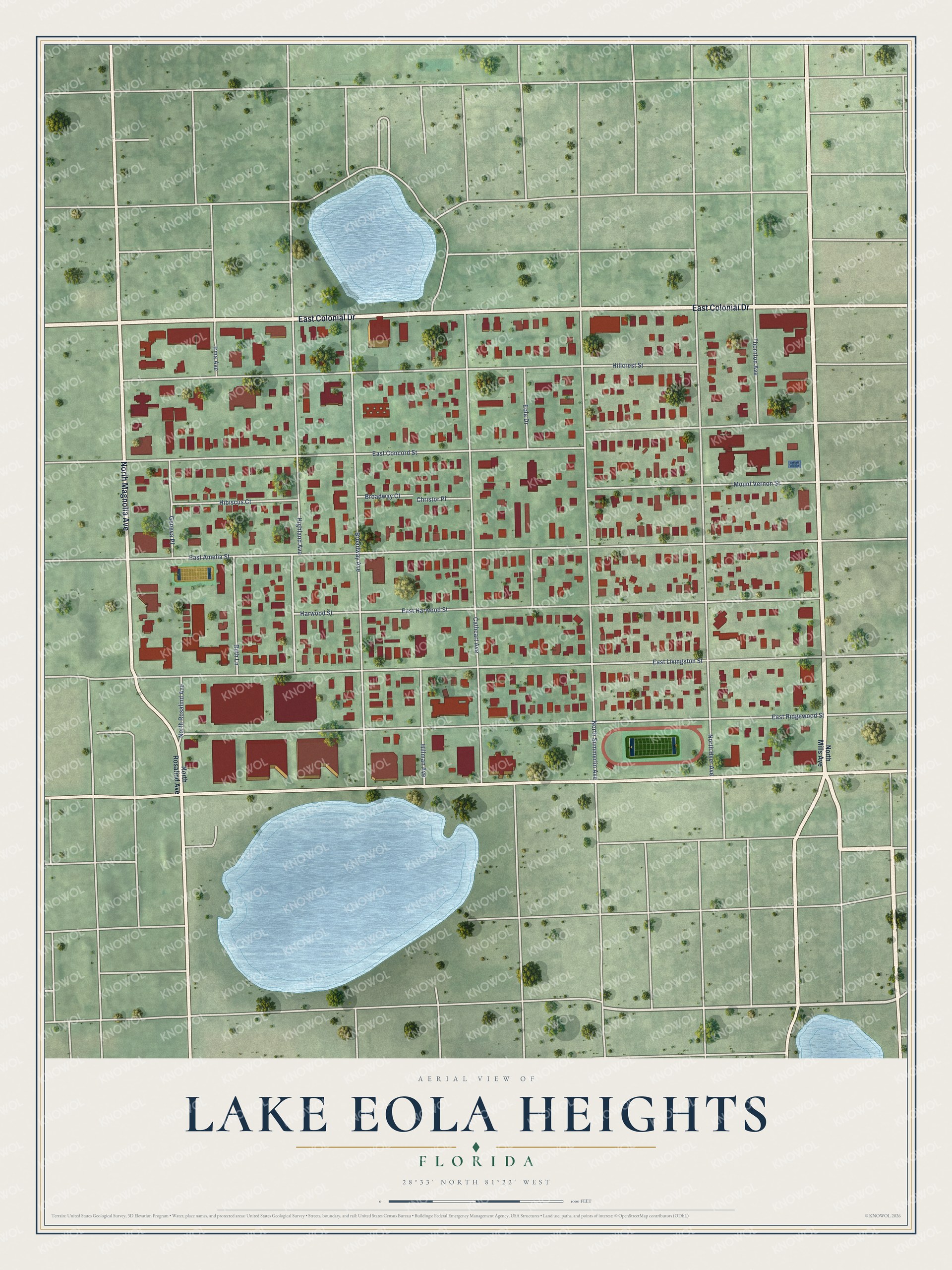 Full map of Lake Eola Heights, Florida, with red buildings, printed street names and the land around them