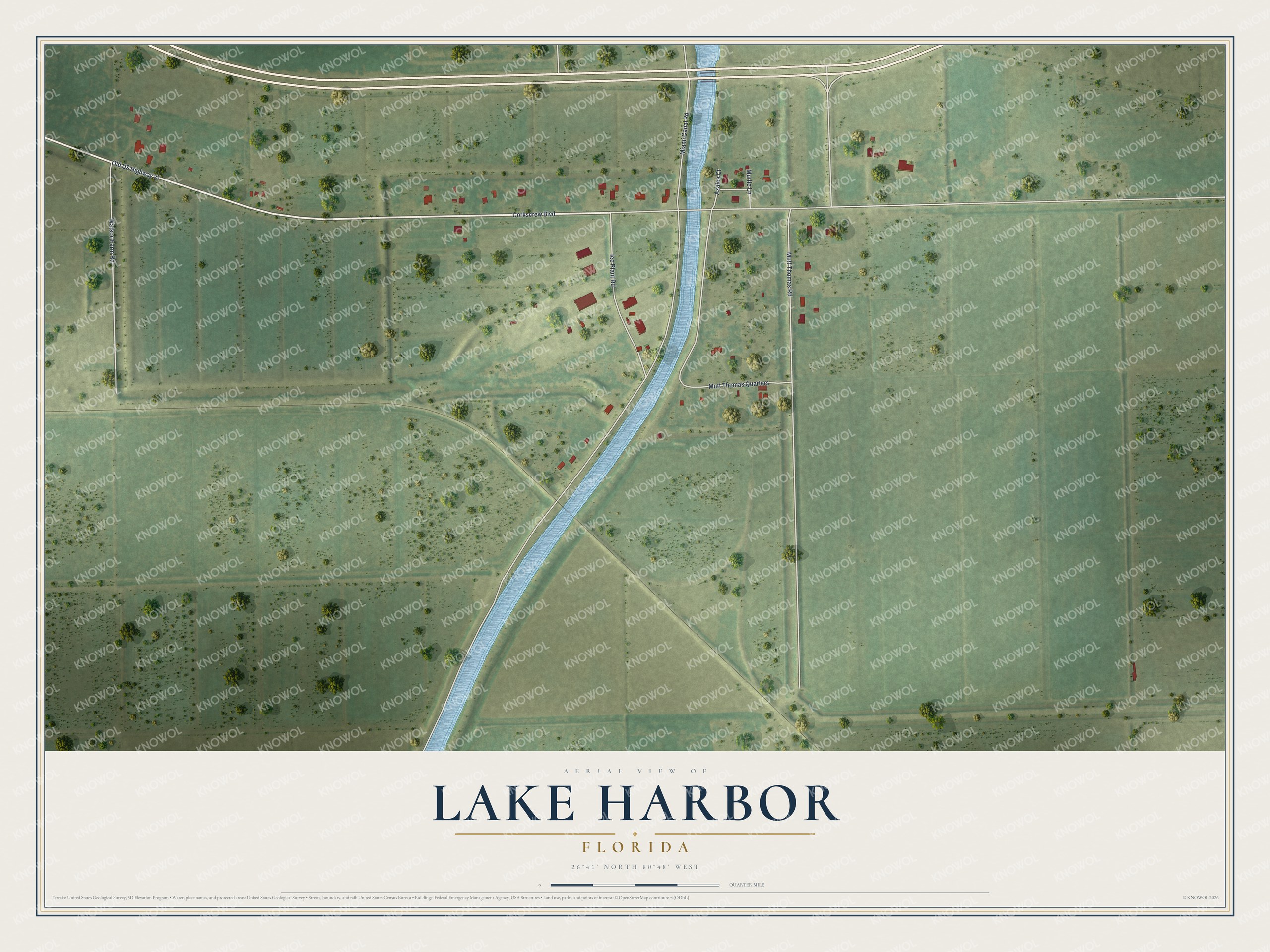 Full map of Lake Harbor, Florida, with red buildings, printed street names and the land around them