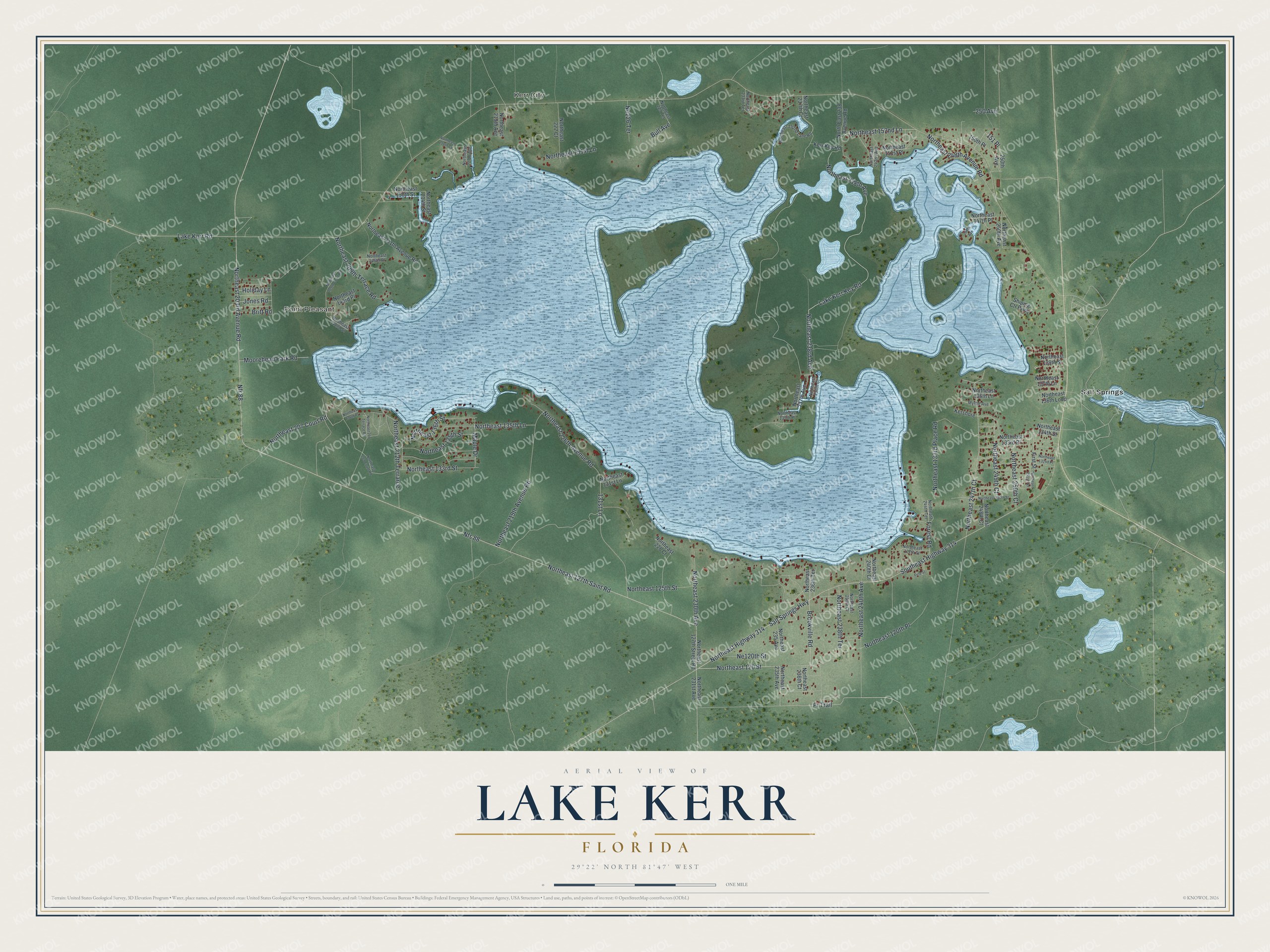Full map of Lake Kerr, Florida, with red buildings, printed street names and the land around them