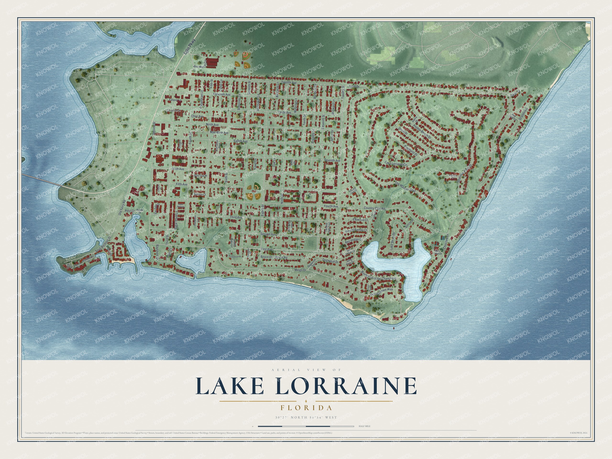 Full map of Lake Lorraine, Florida, with red buildings, printed street names and the land around them