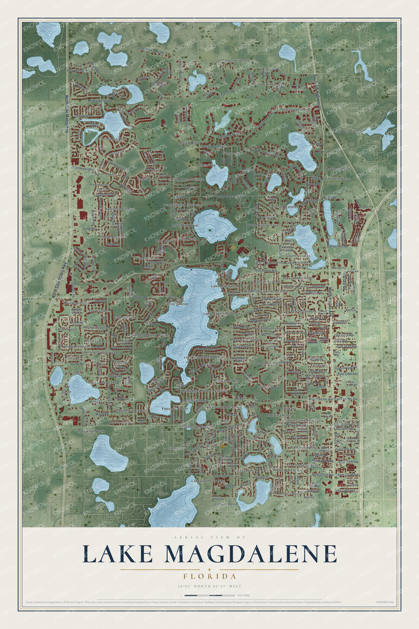 Full map of Lake Magdalene, Florida, with red buildings, printed street names and the land around them