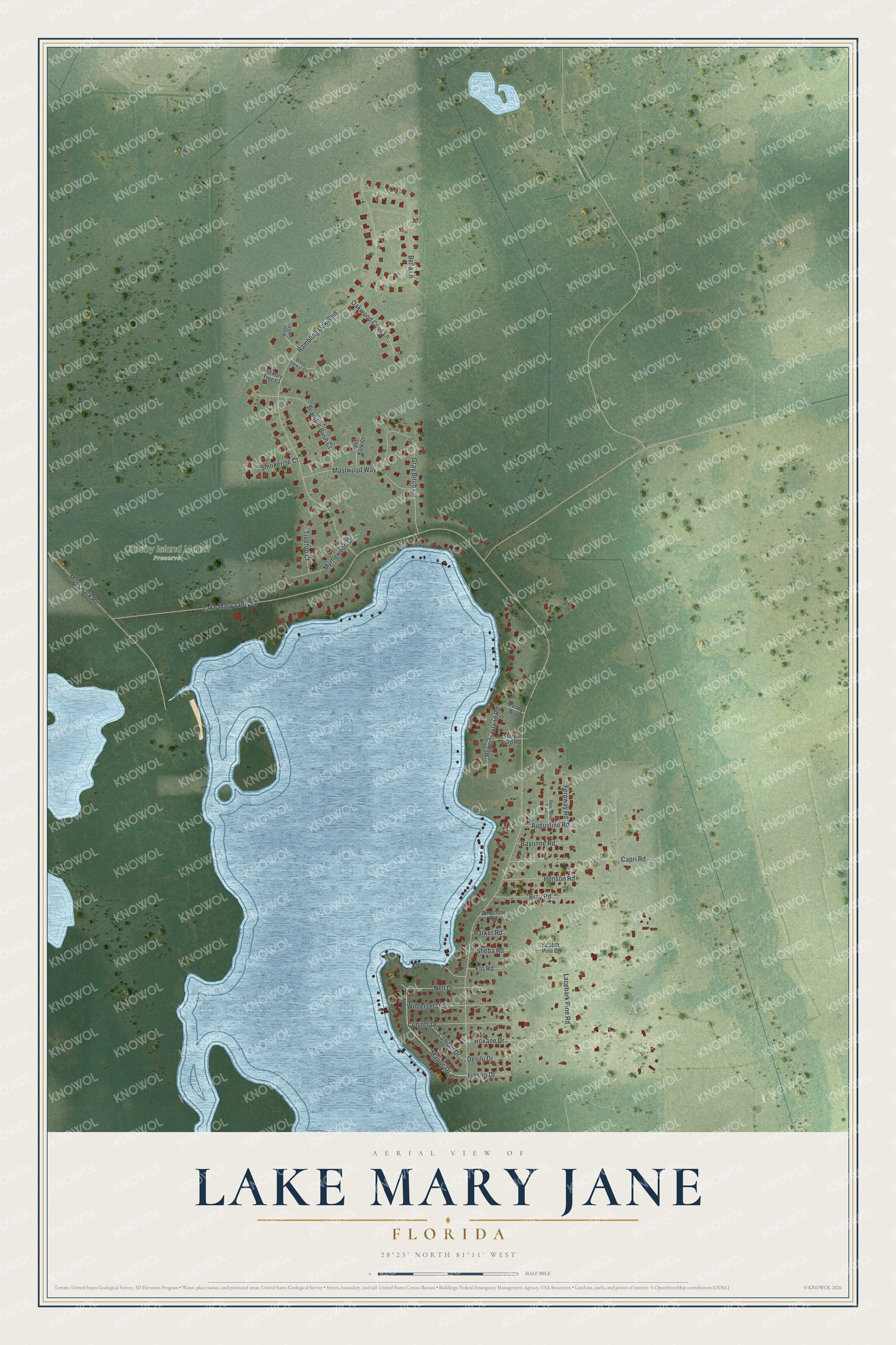Full map of Lake Mary Jane, Florida, with red buildings, printed street names and the land around them