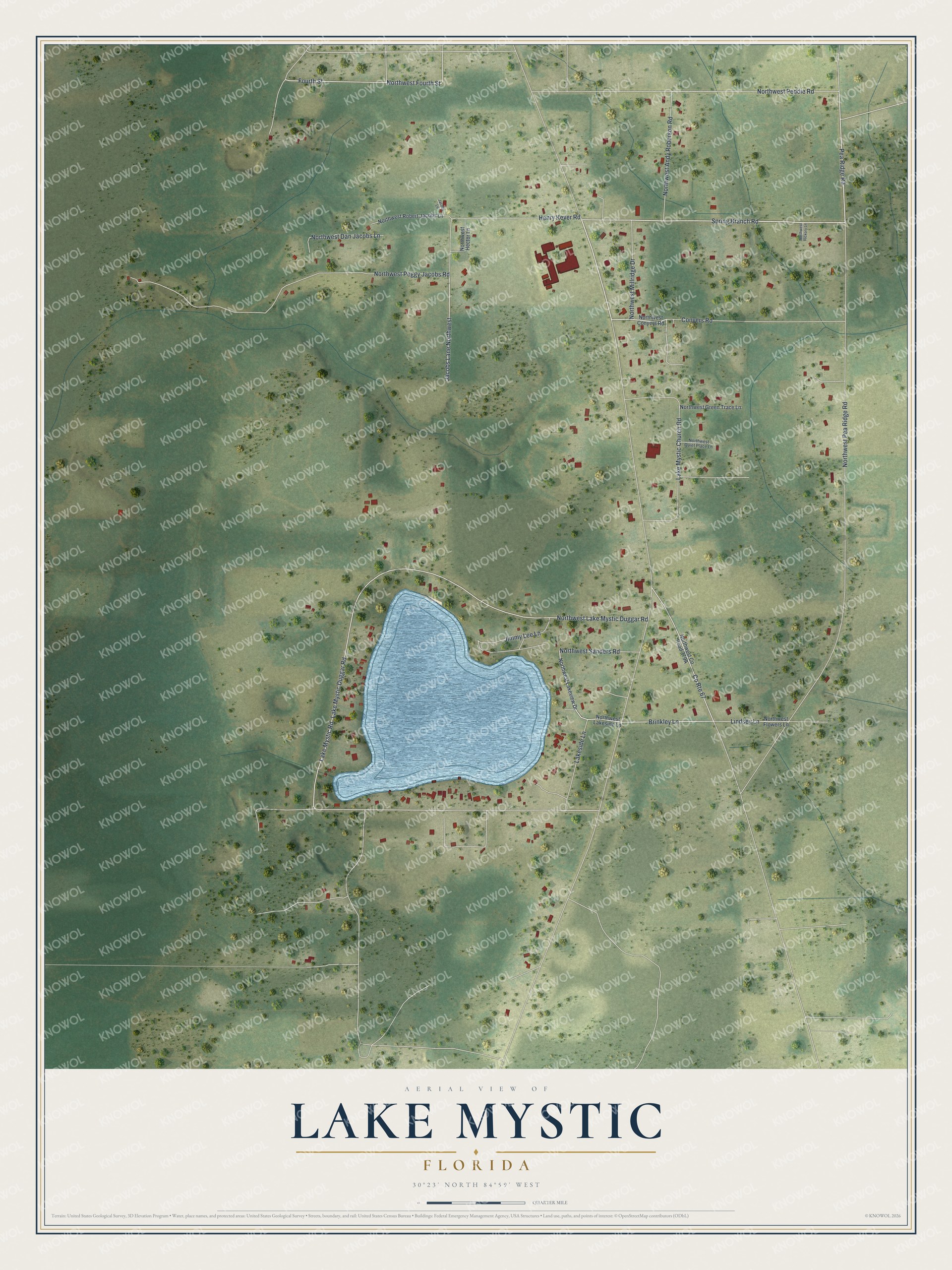 Full map of Lake Mystic, Florida, with red buildings, printed street names and the land around them