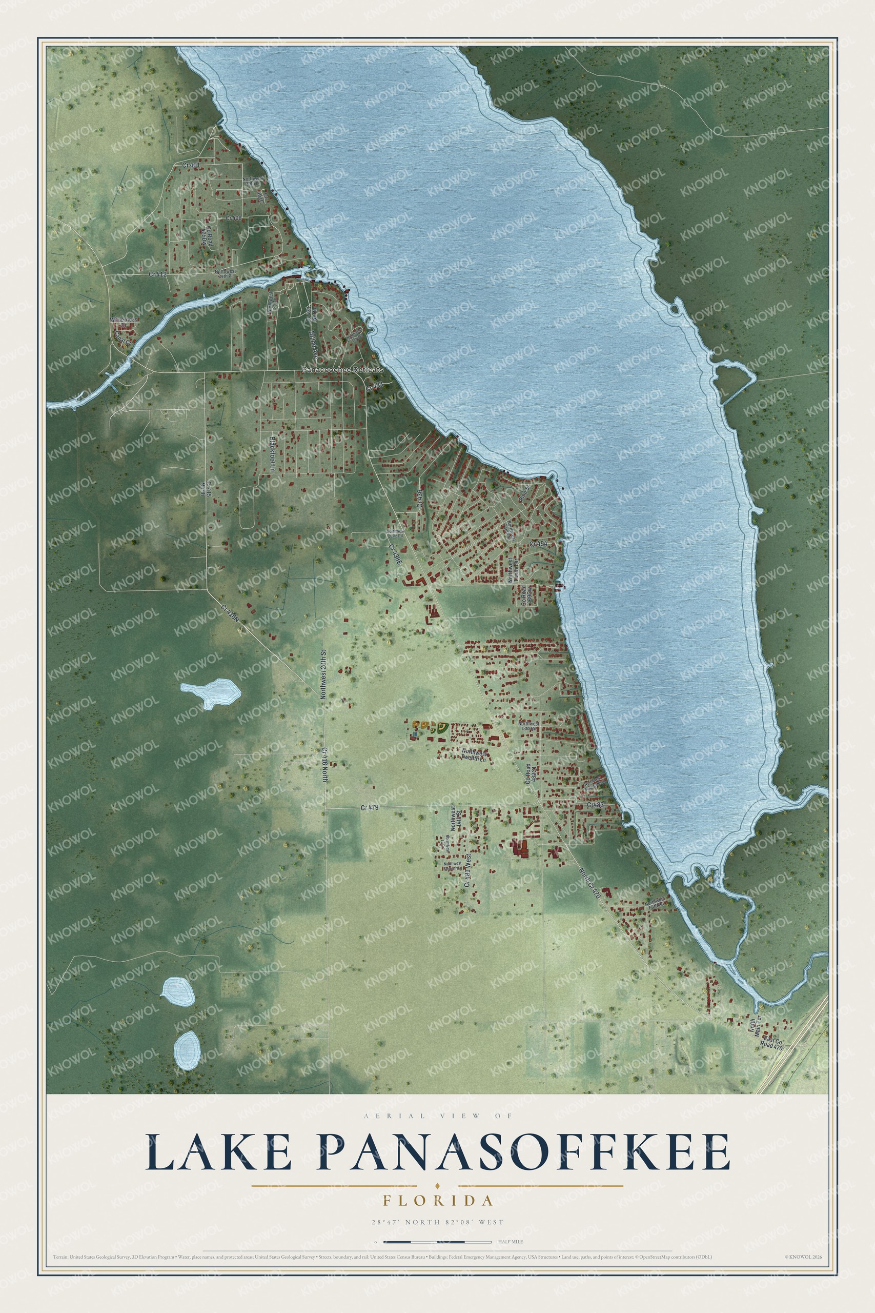 Full map of Lake Panasoffkee, Florida, with red buildings, printed street names and the land around them
