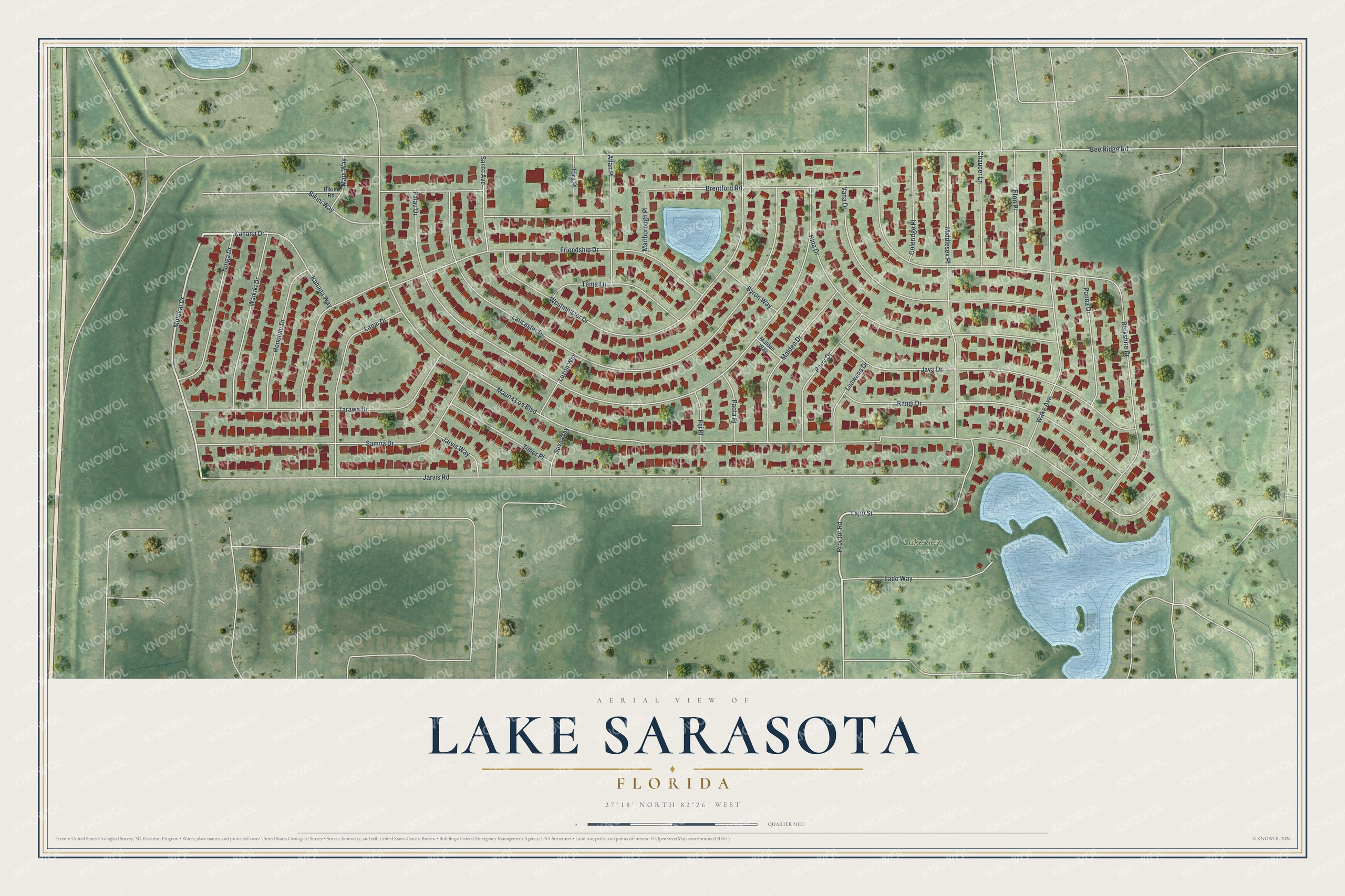 Full map of Lake Sarasota, Florida, with red buildings, printed street names and the land around them