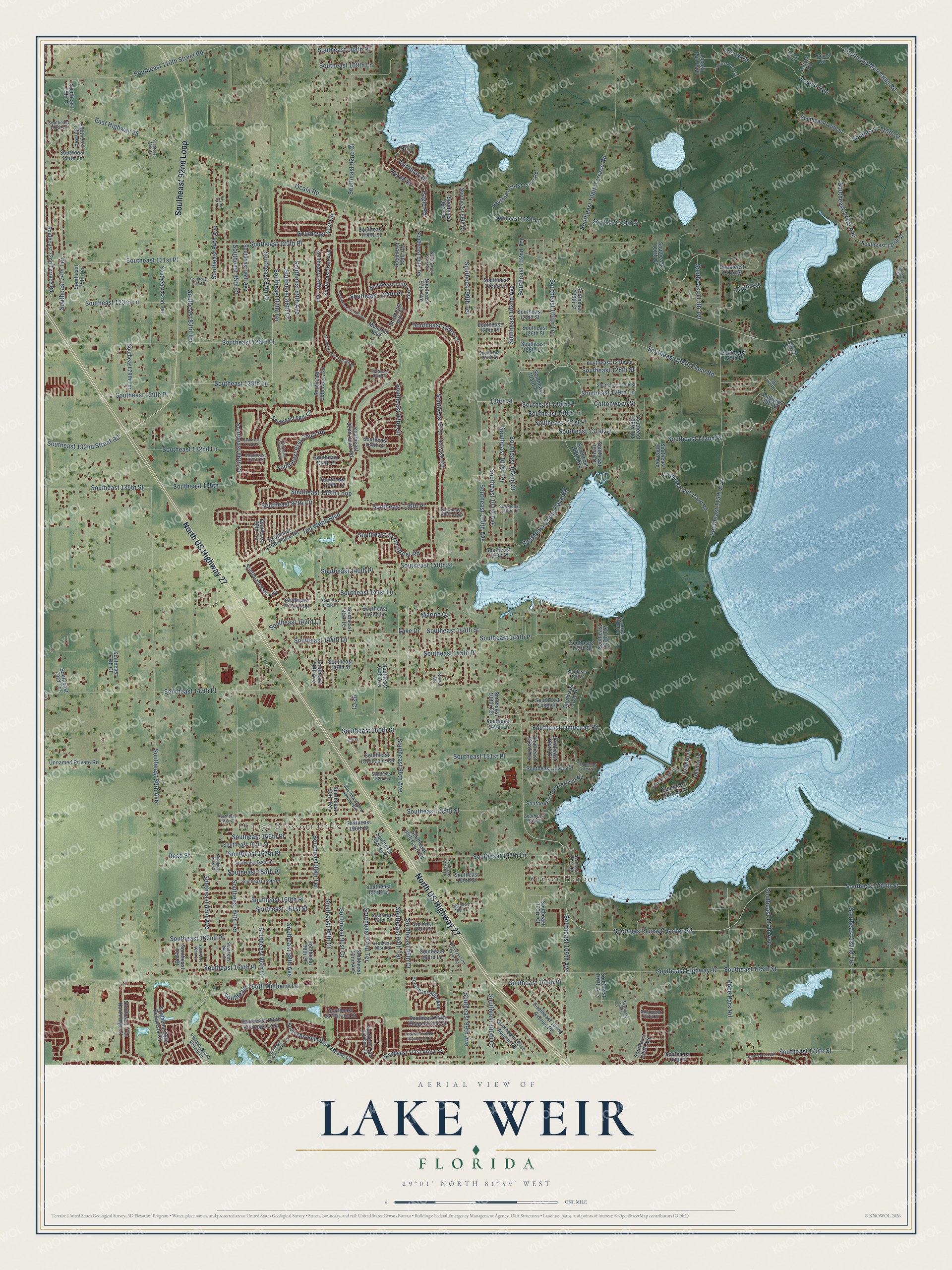 Full map of Lake Weir, Florida, with red buildings, printed street names and the land around them