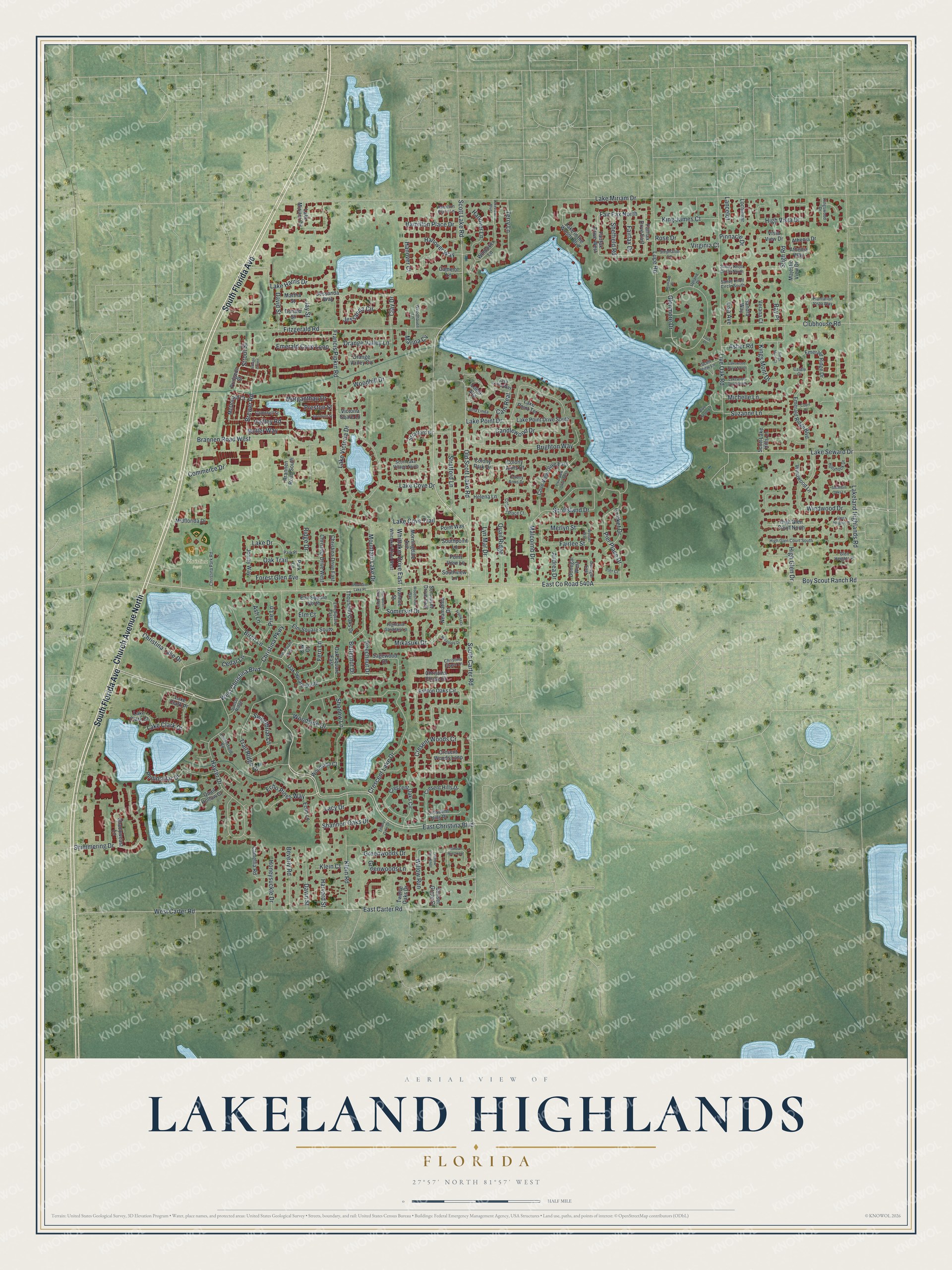 Full map of Lakeland Highlands, Florida, with red buildings, printed street names and the land around them