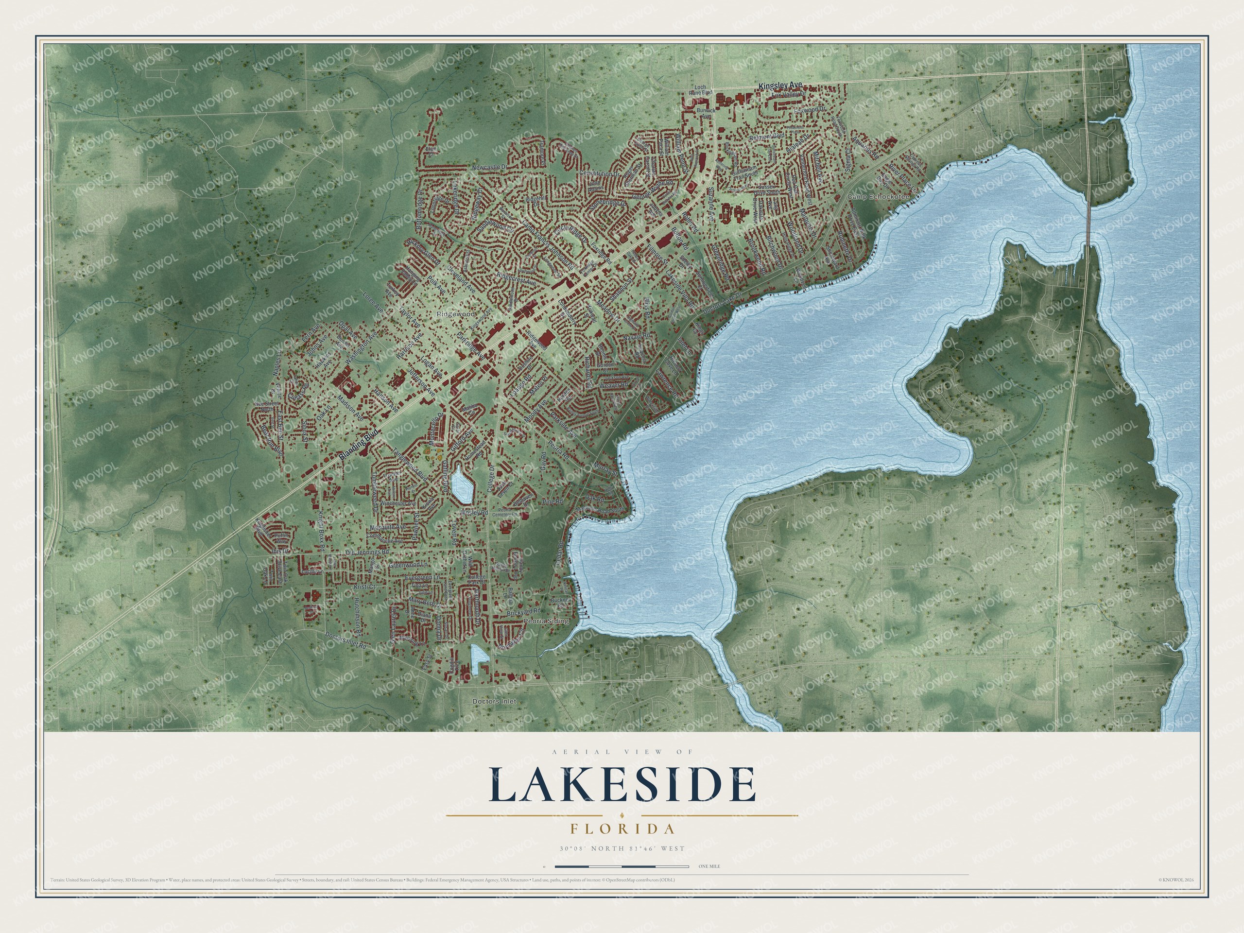 Full map of Lakeside, Florida, with red buildings, printed street names and the land around them