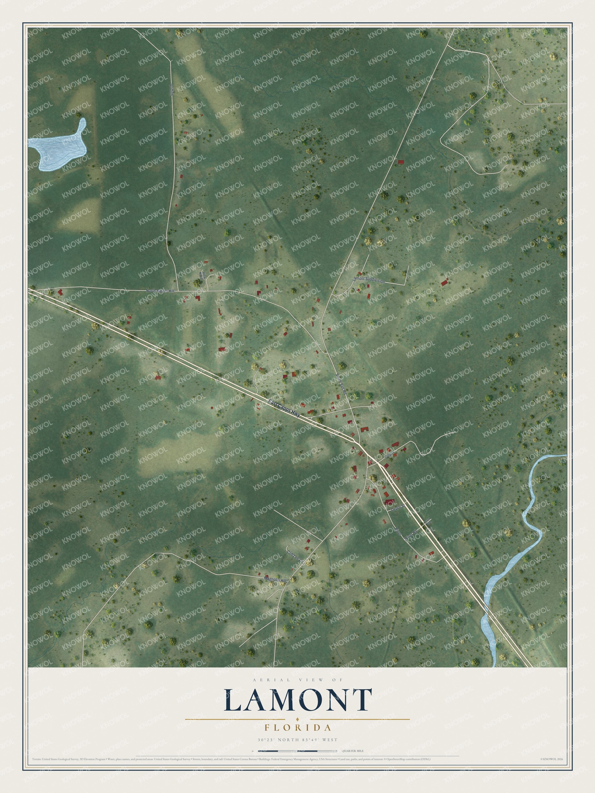 Full map of Lamont, Florida, with red buildings, printed street names and the land around them