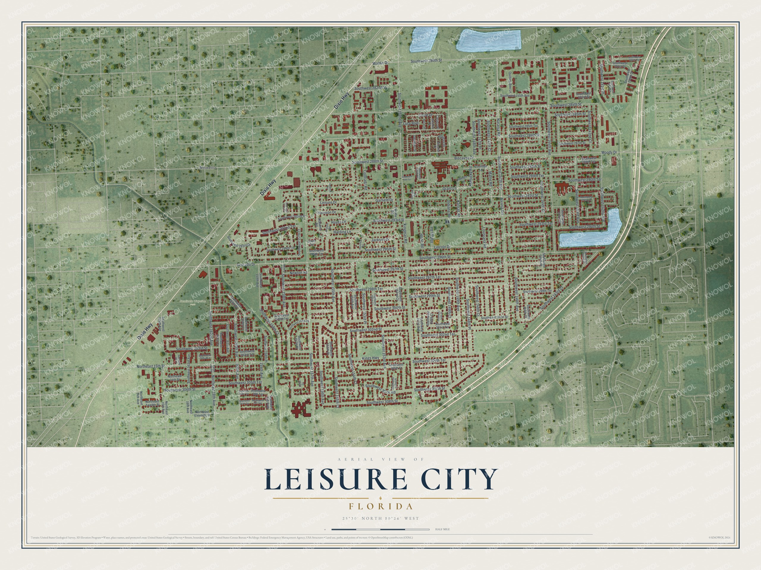 Full map of Leisure City, Florida, with red buildings, printed street names and the land around them