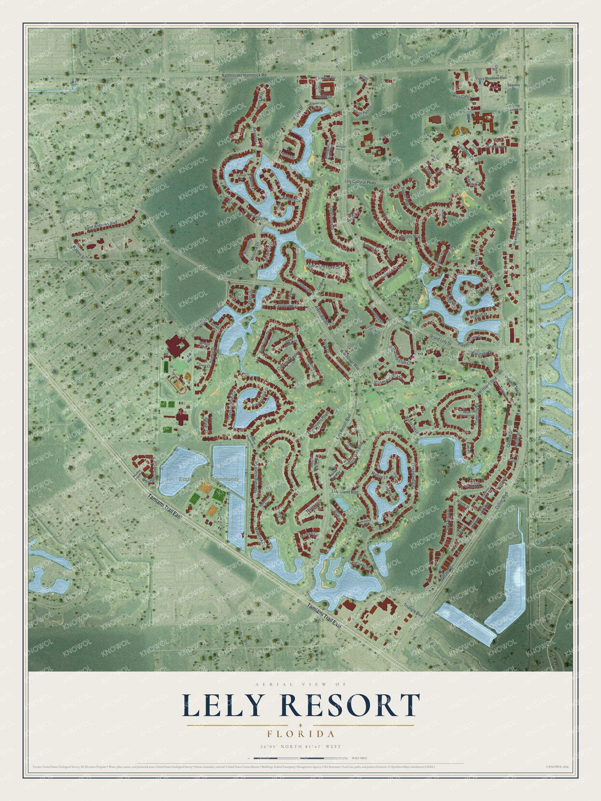 Full map of Lely Resort, Florida, with red buildings, printed street names and the land around them