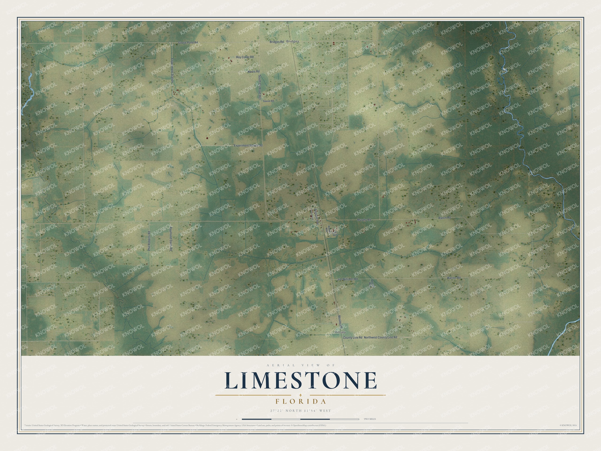 Full map of Limestone, Florida, with red buildings, printed street names and the land around them