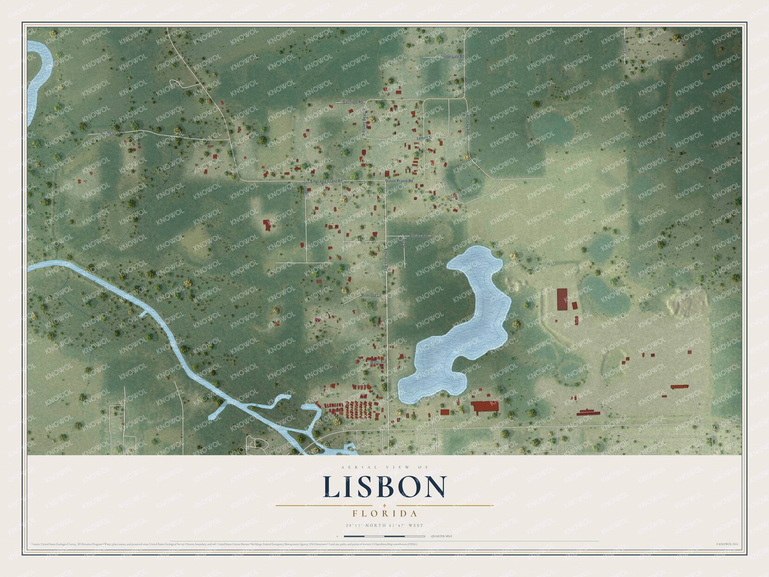 Full map of Lisbon, Florida, with red buildings, printed street names and the land around them