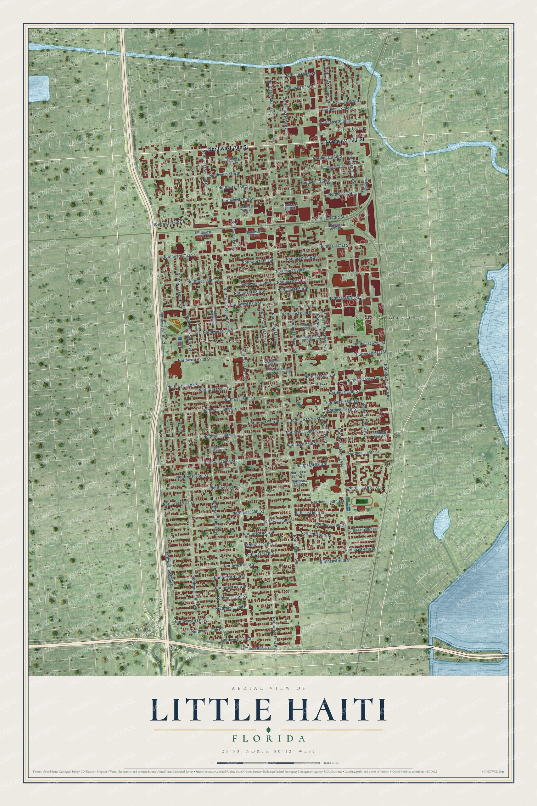 Full map of Little Haiti, Florida, with red buildings, printed street names and the land around them