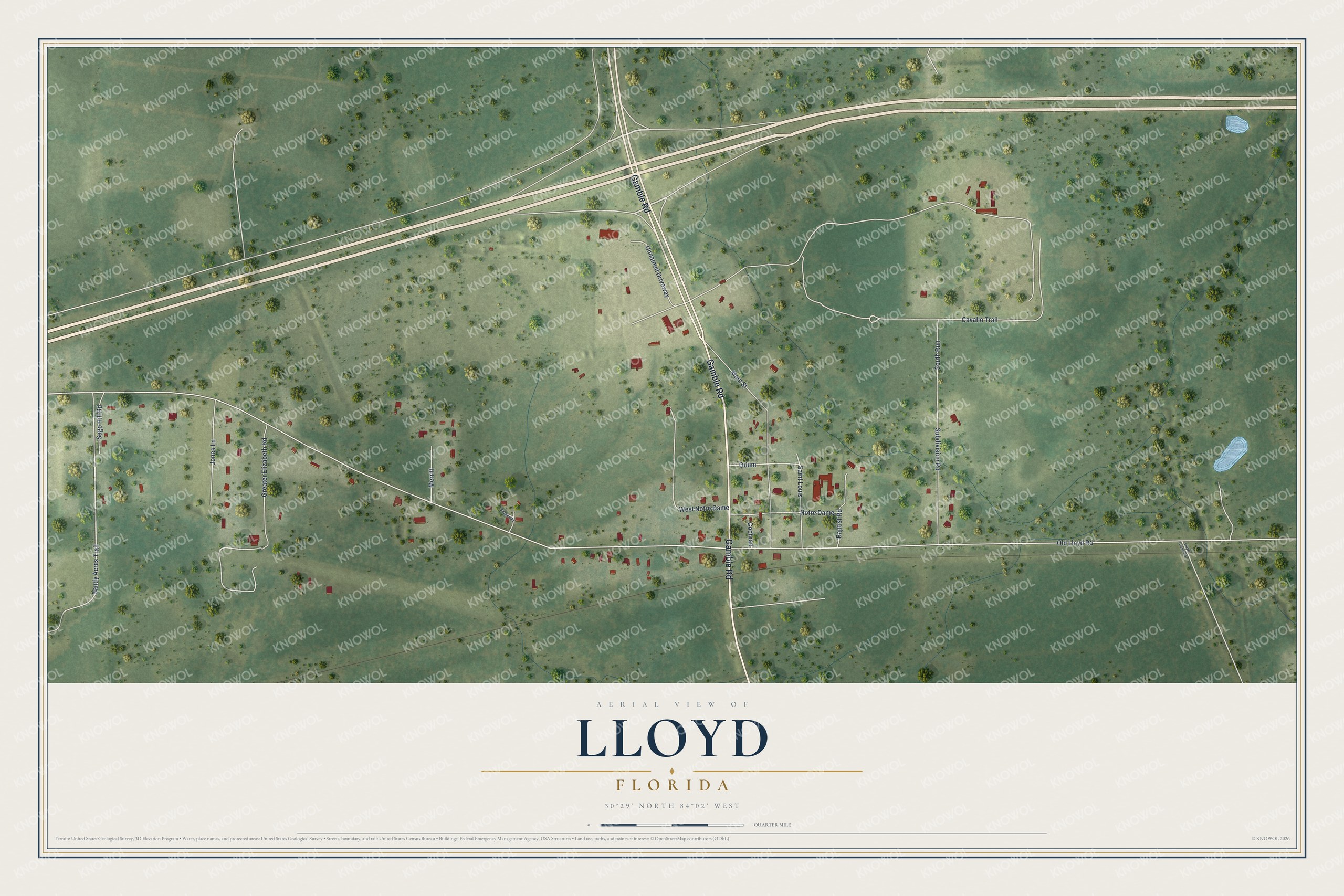 Full map of Lloyd, Florida, with red buildings, printed street names and the land around them