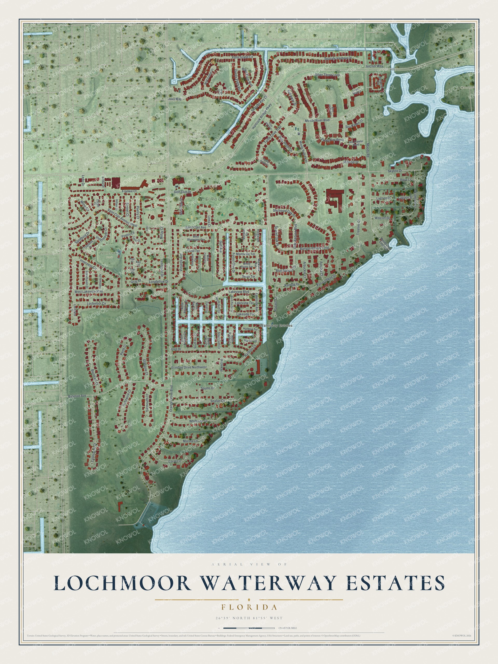 Full map of Lochmoor Waterway Estates, Florida, with red buildings, printed street names and the land around them