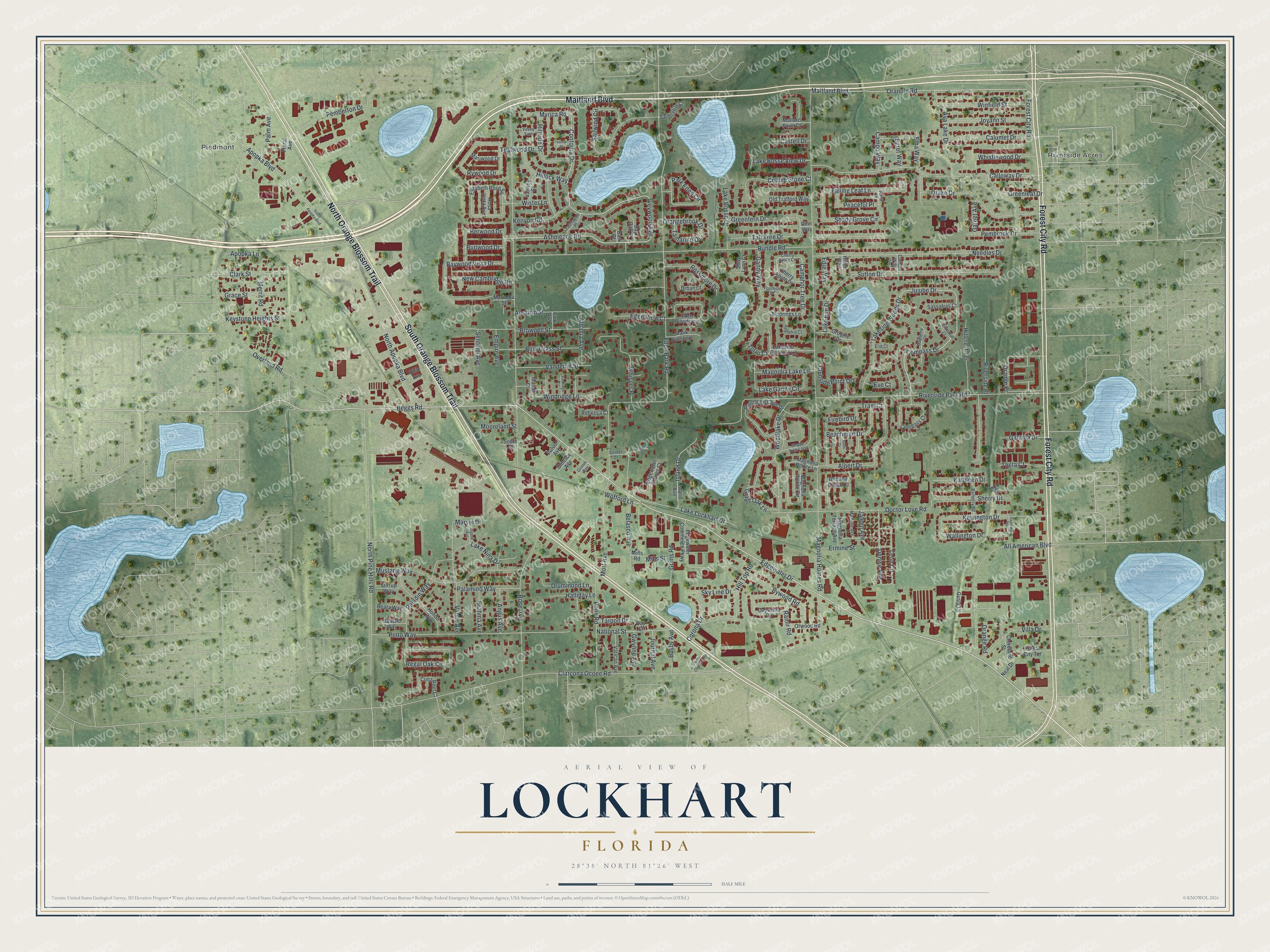 Full map of Lockhart, Florida, with red buildings, printed street names and the land around them