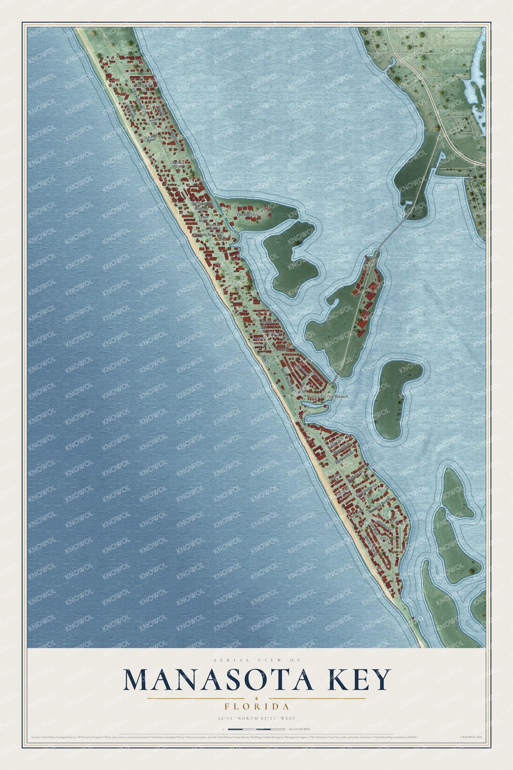 Full map of Manasota Key, Florida, with red buildings, printed street names and the land around them