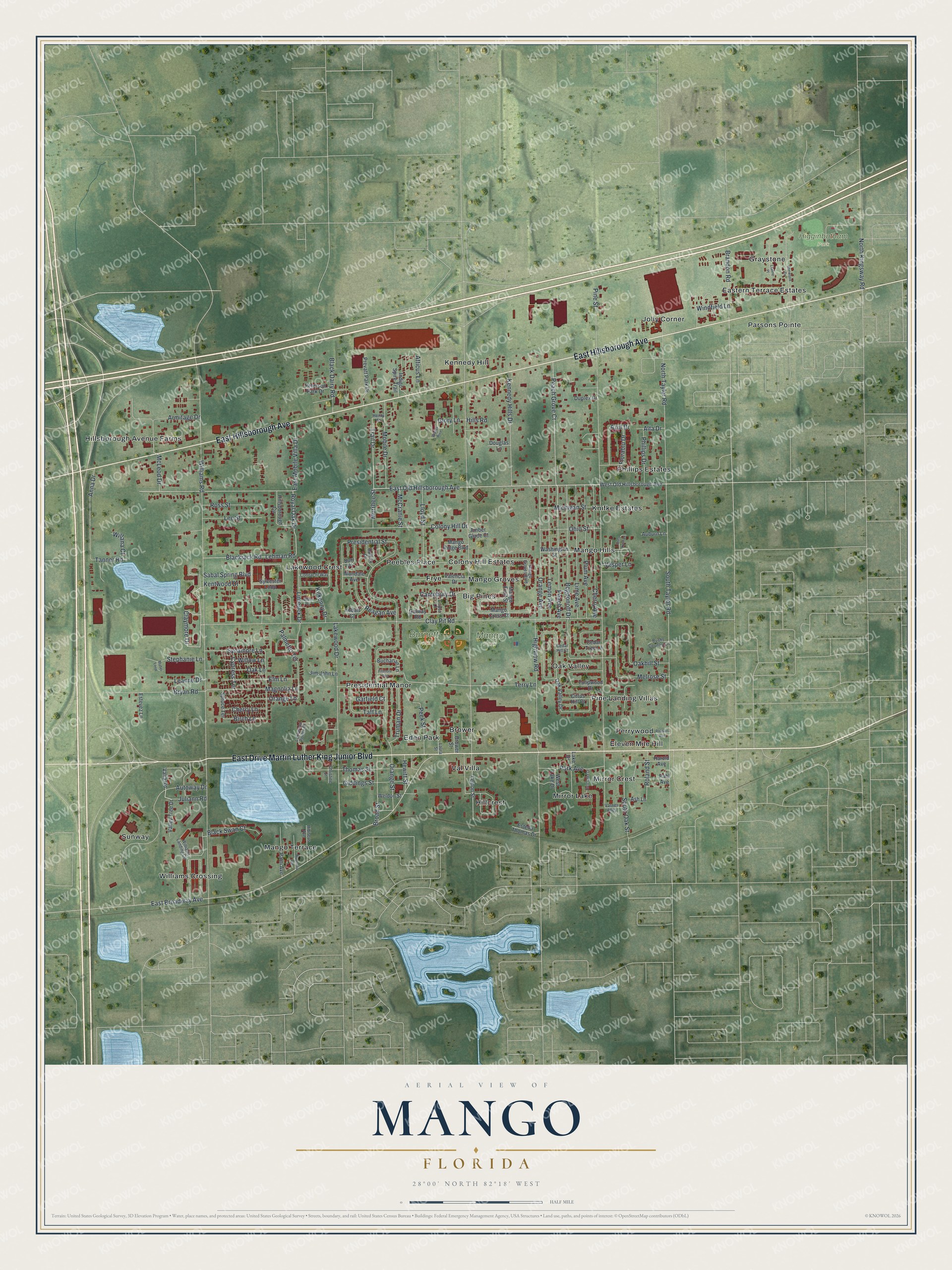 Full map of Mango, Florida, with red buildings, printed street names and the land around them