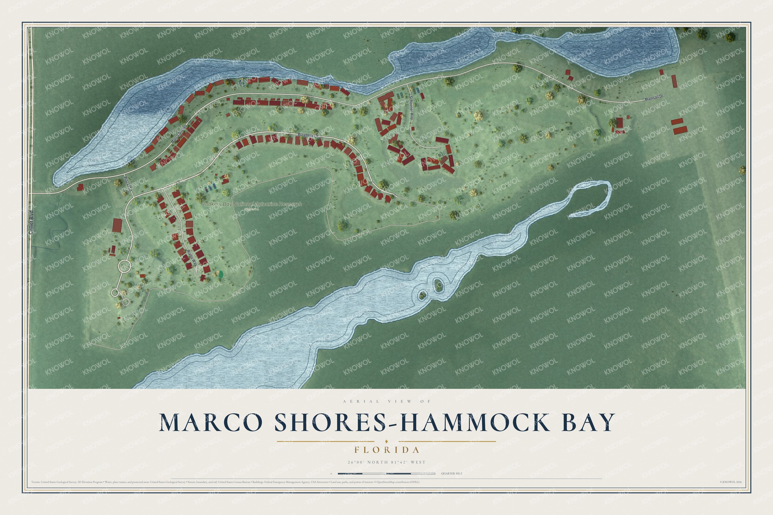 Full map of Marco Shores-Hammock Bay, Florida, with red buildings, printed street names and the land around them
