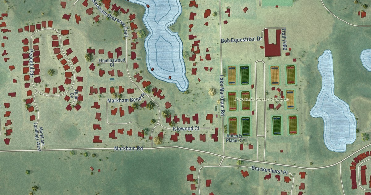 Close-up of streets and buildings in Markham, Florida