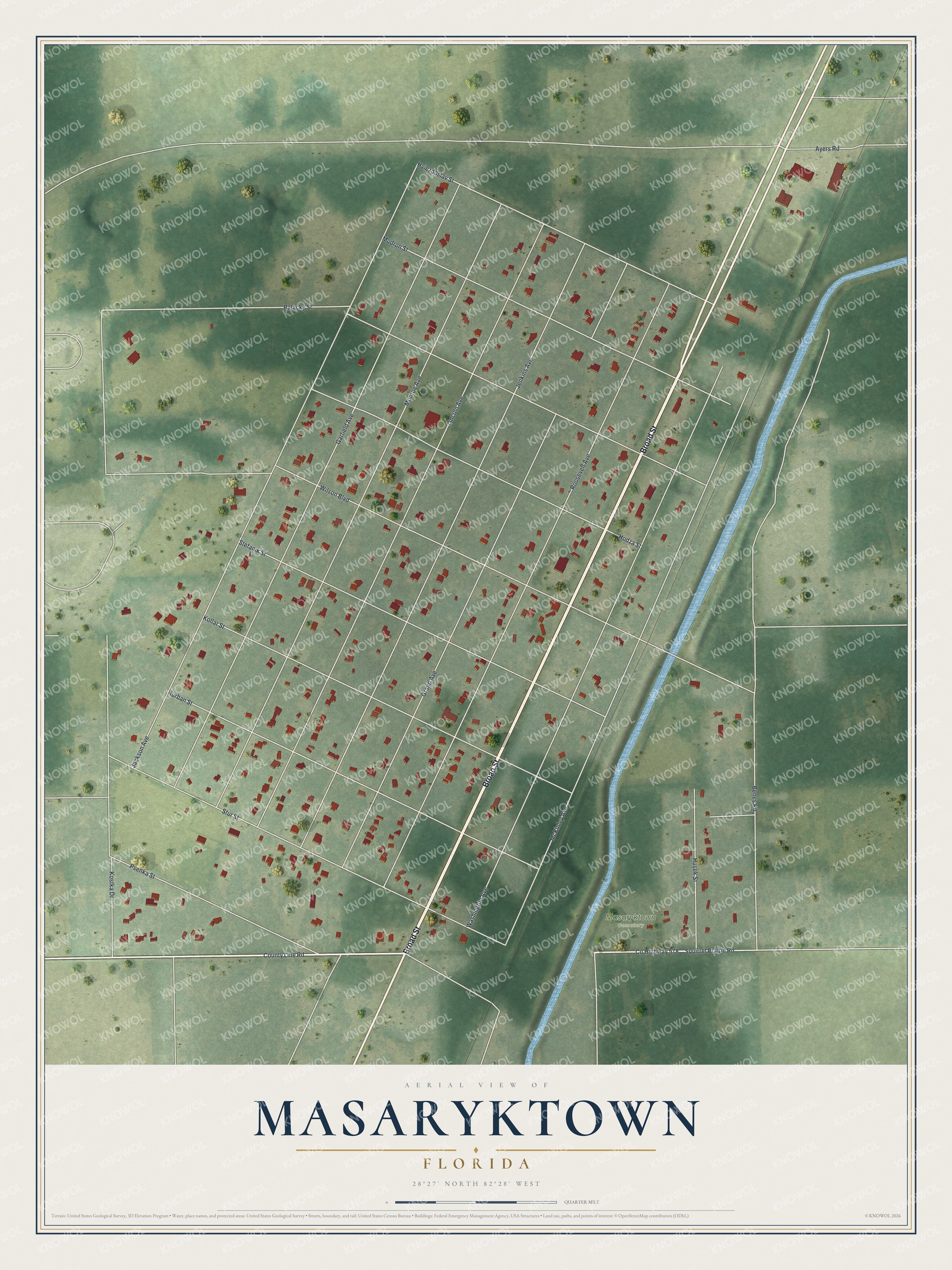 Full map of Masaryktown, Florida, with red buildings, printed street names and the land around them
