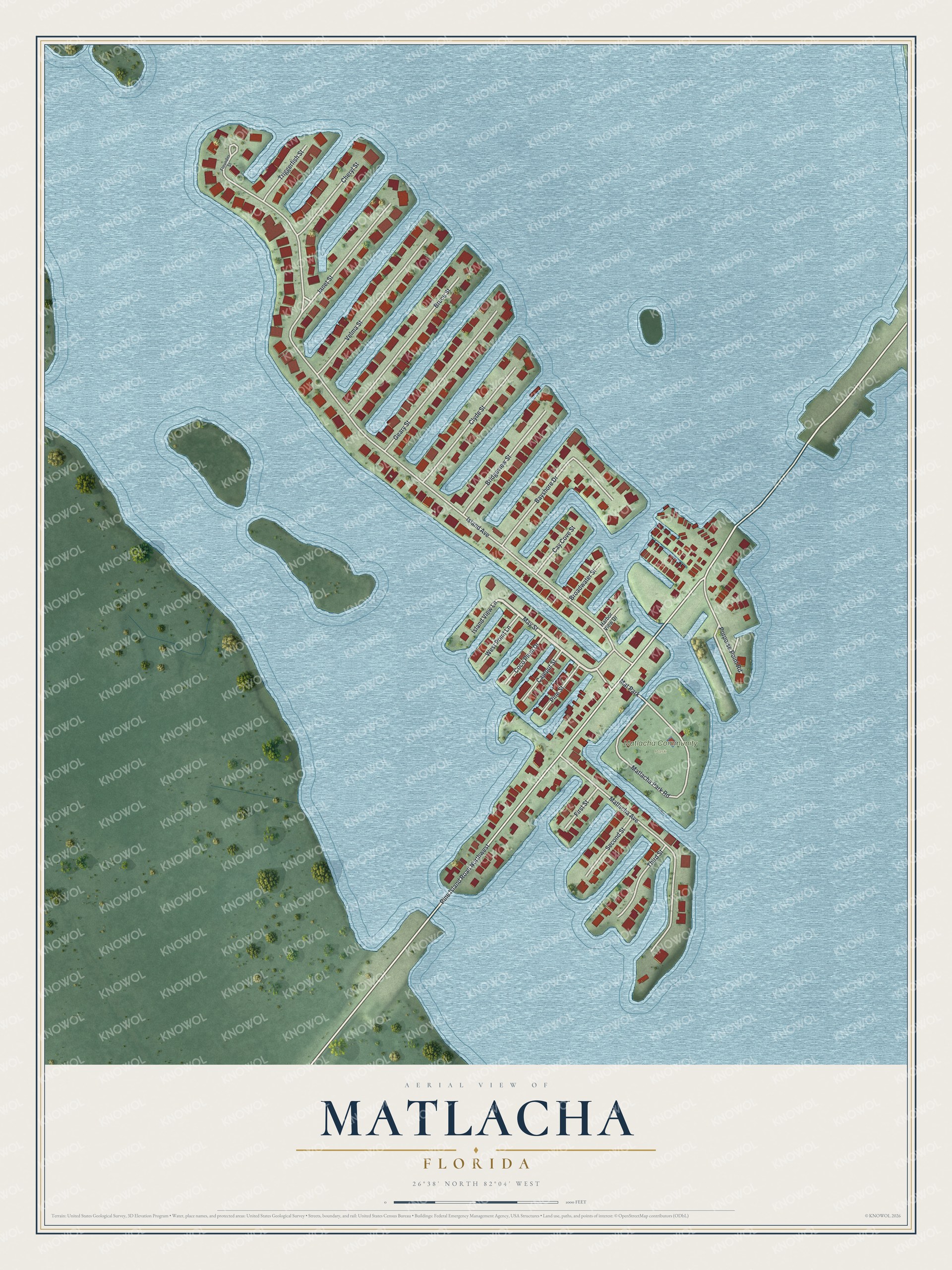 Full map of Matlacha, Florida, with red buildings, printed street names and the land around them