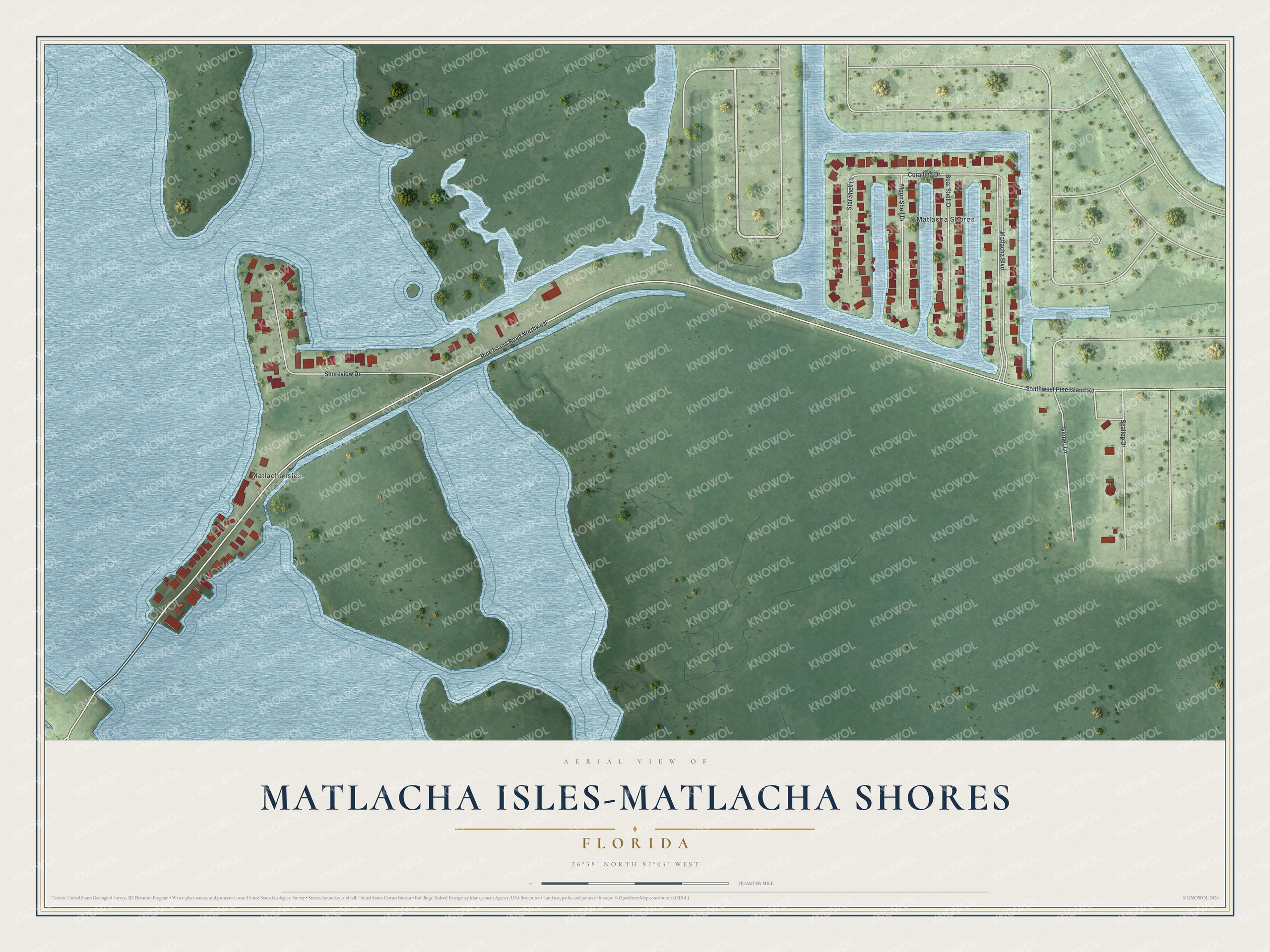 Full map of Matlacha Isles-Matlacha Shores, Florida, with red buildings, printed street names and the land around them