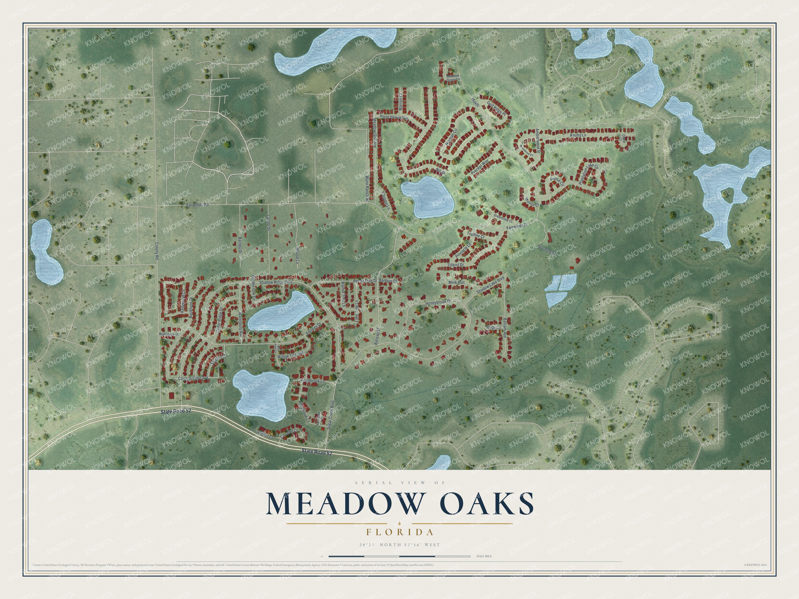 Full map of Meadow Oaks, Florida, with red buildings, printed street names and the land around them