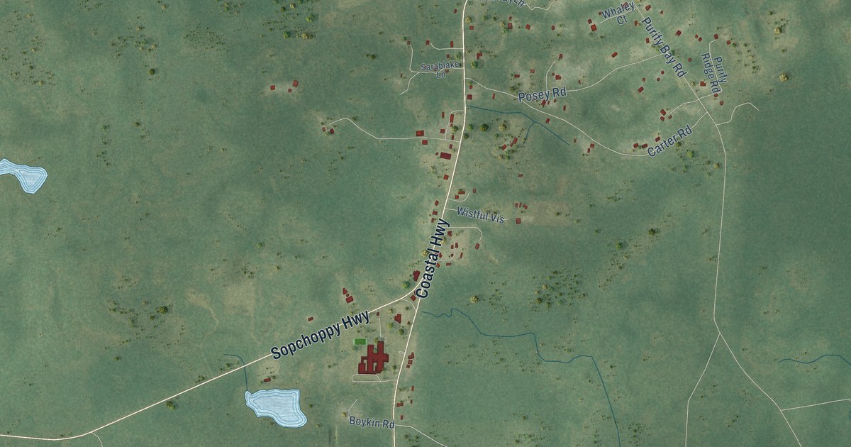Close-up of streets and buildings in Medart, Florida