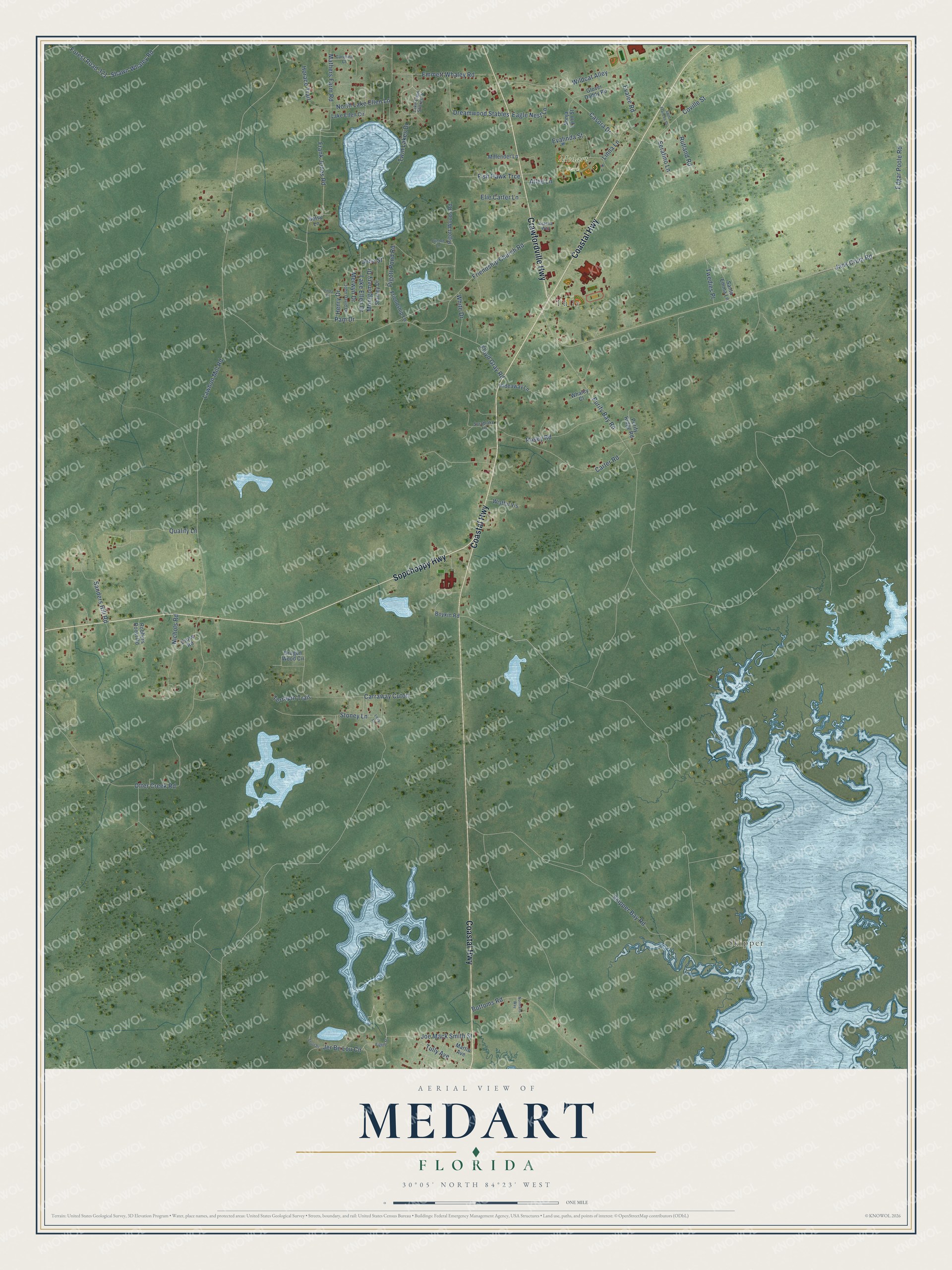 Full map of Medart, Florida, with red buildings, printed street names and the land around them