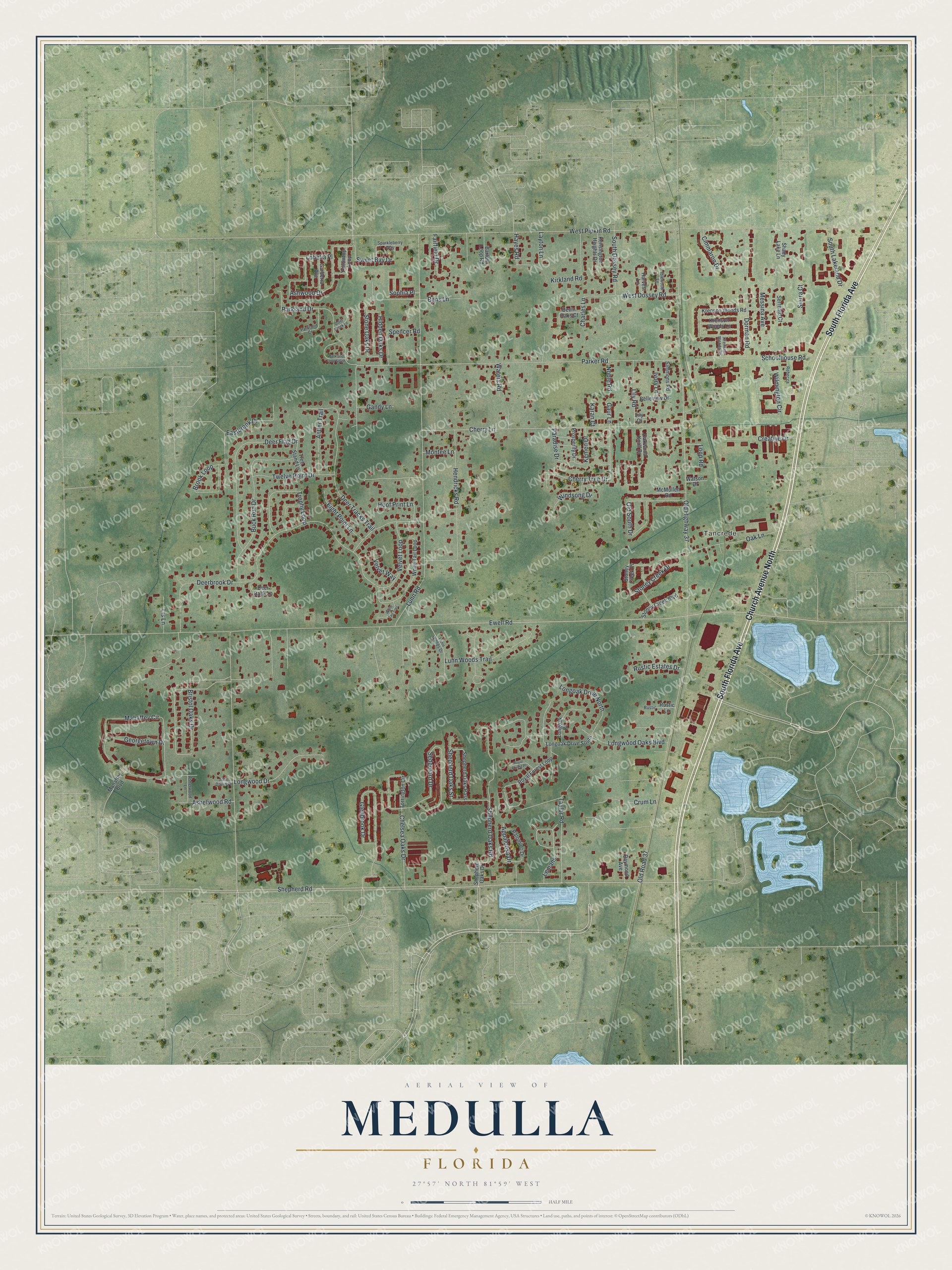 Full map of Medulla, Florida, with red buildings, printed street names and the land around them