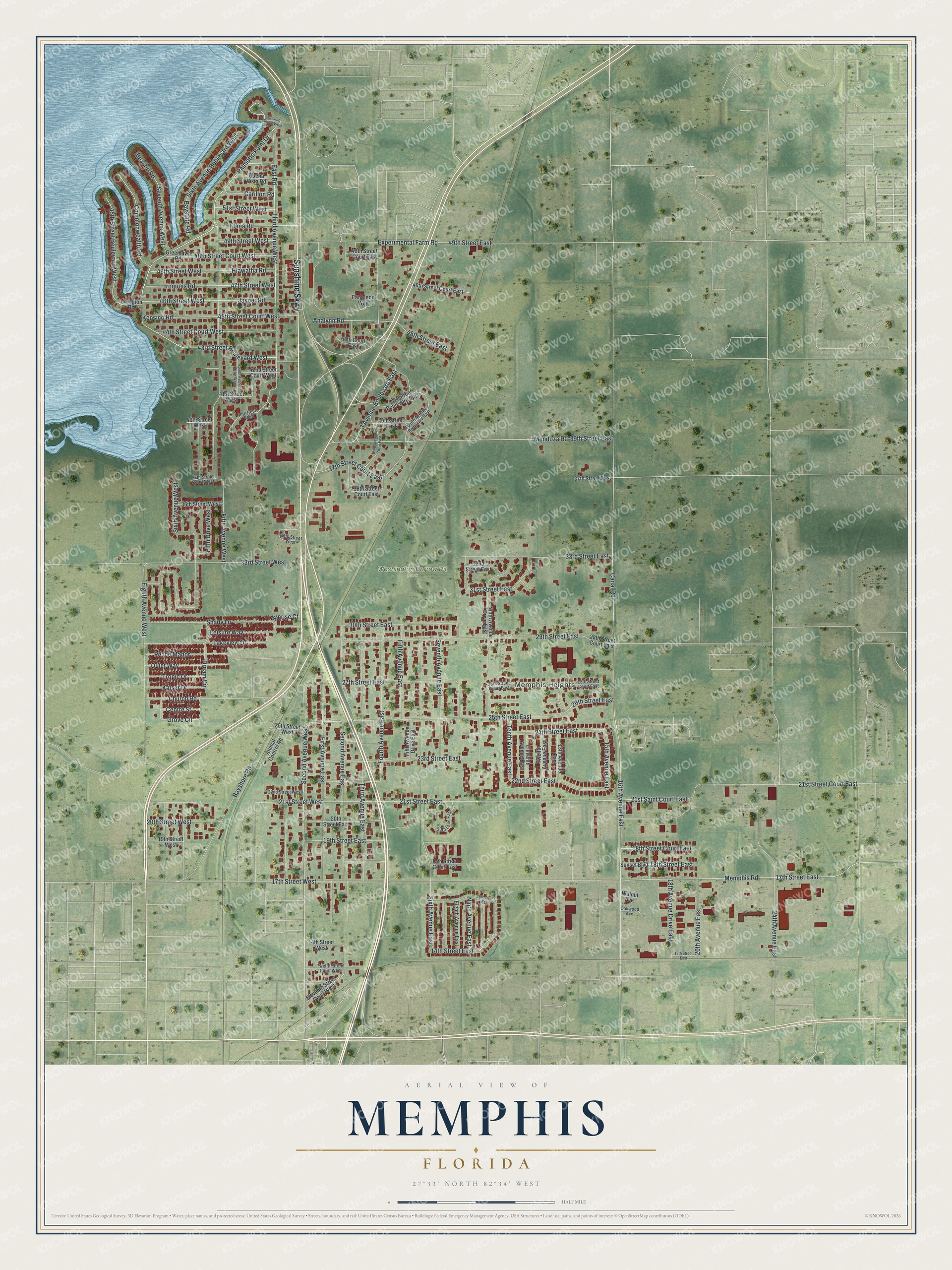 Full map of Memphis, Florida, with red buildings, printed street names and the land around them