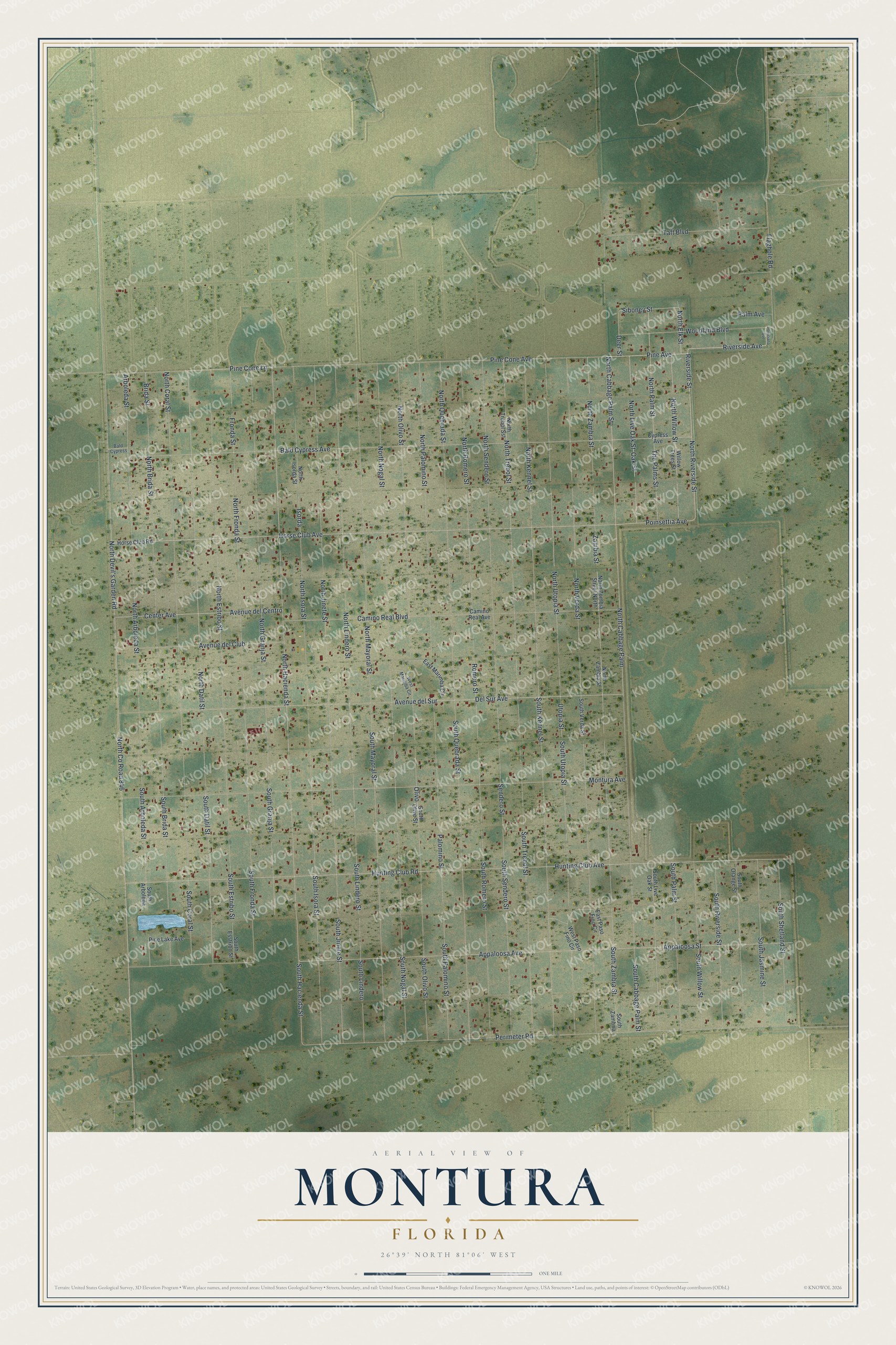 Full map of Montura, Florida, with red buildings, printed street names and the land around them