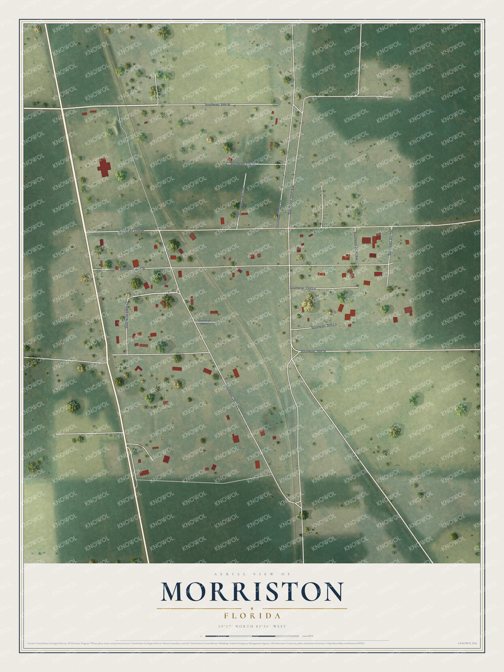Full map of Morriston, Florida, with red buildings, printed street names and the land around them
