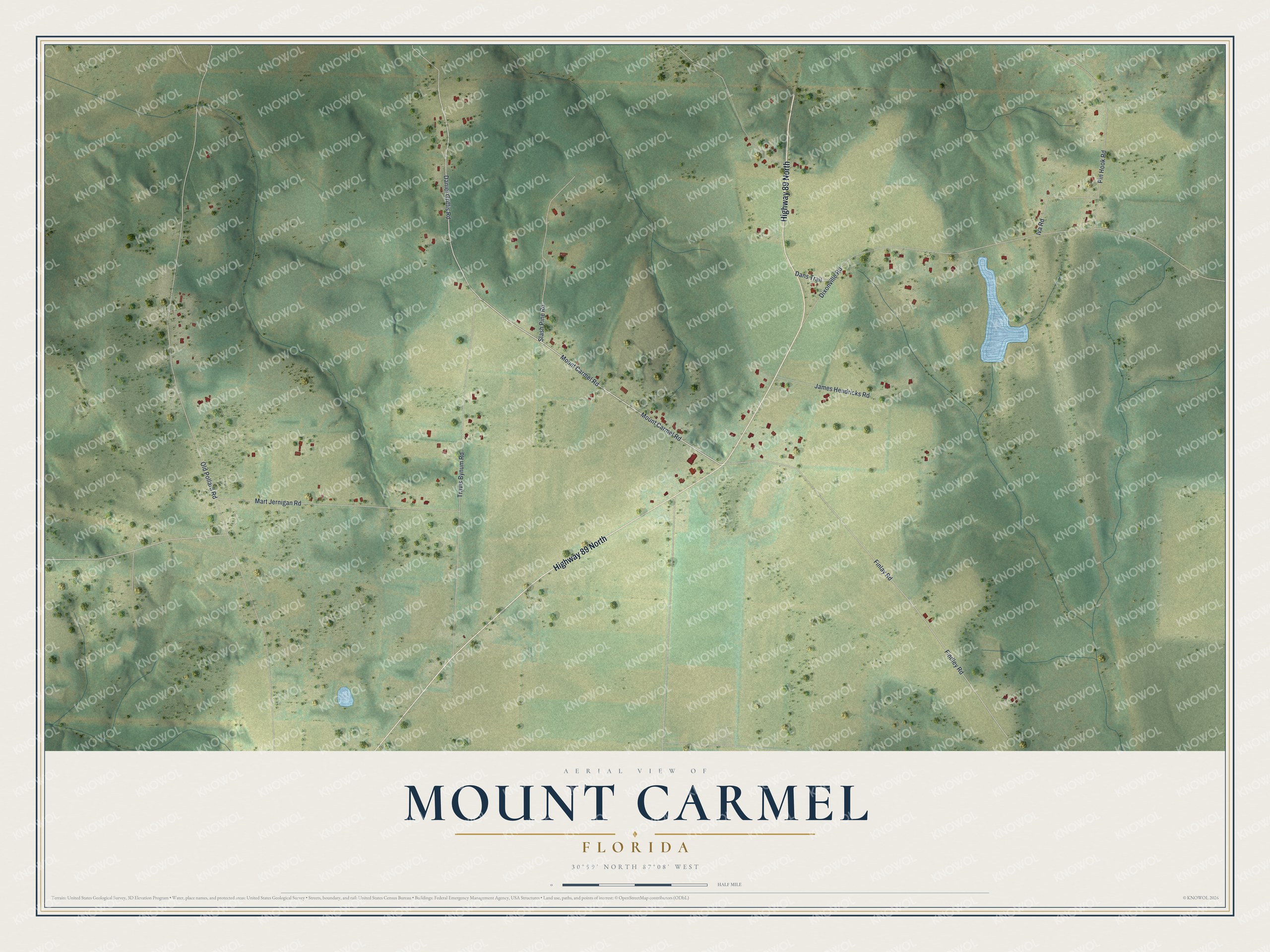 Full map of Mount Carmel, Florida, with red buildings, printed street names and the land around them