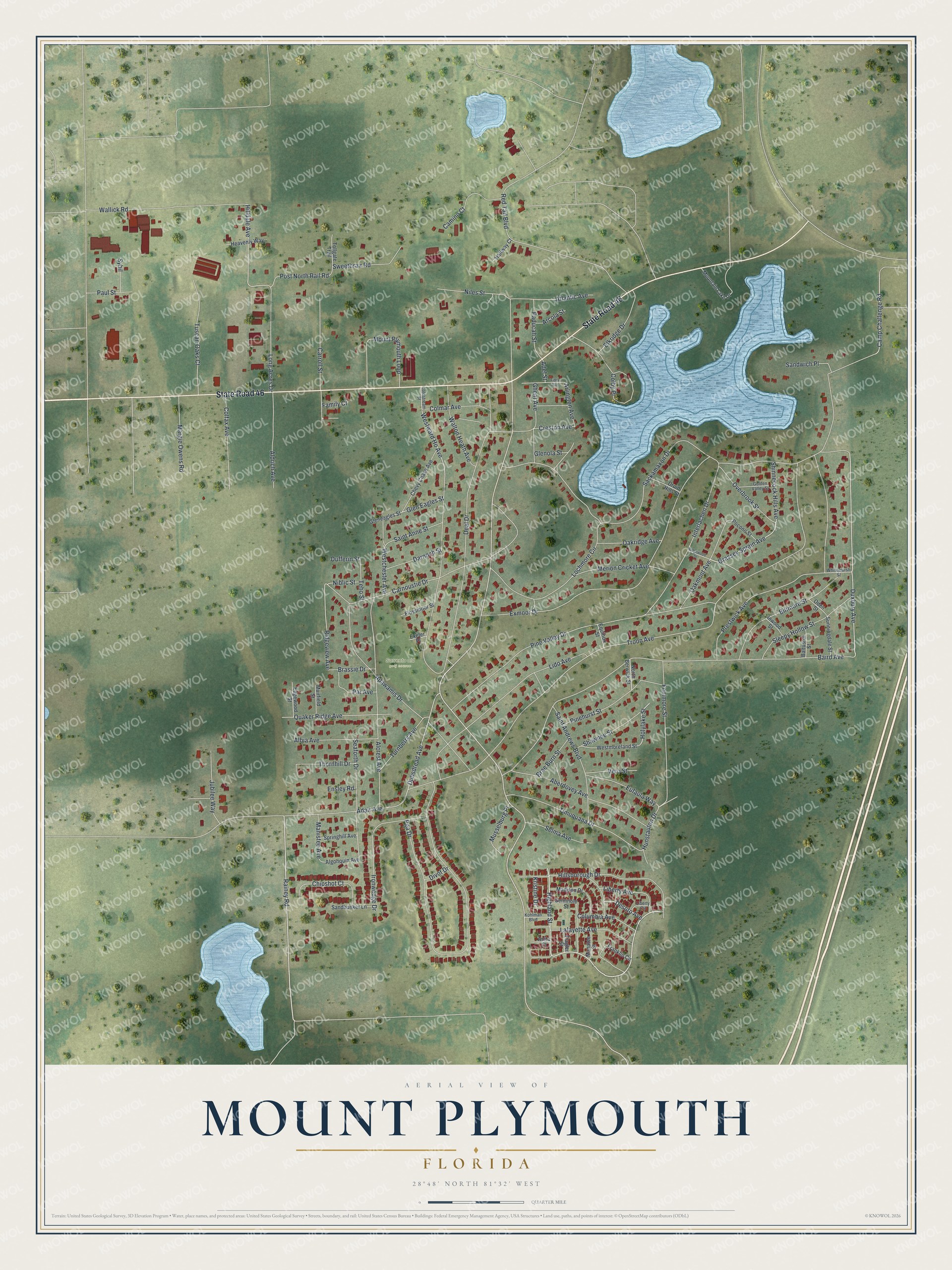 Full map of Mount Plymouth, Florida, with red buildings, printed street names and the land around them