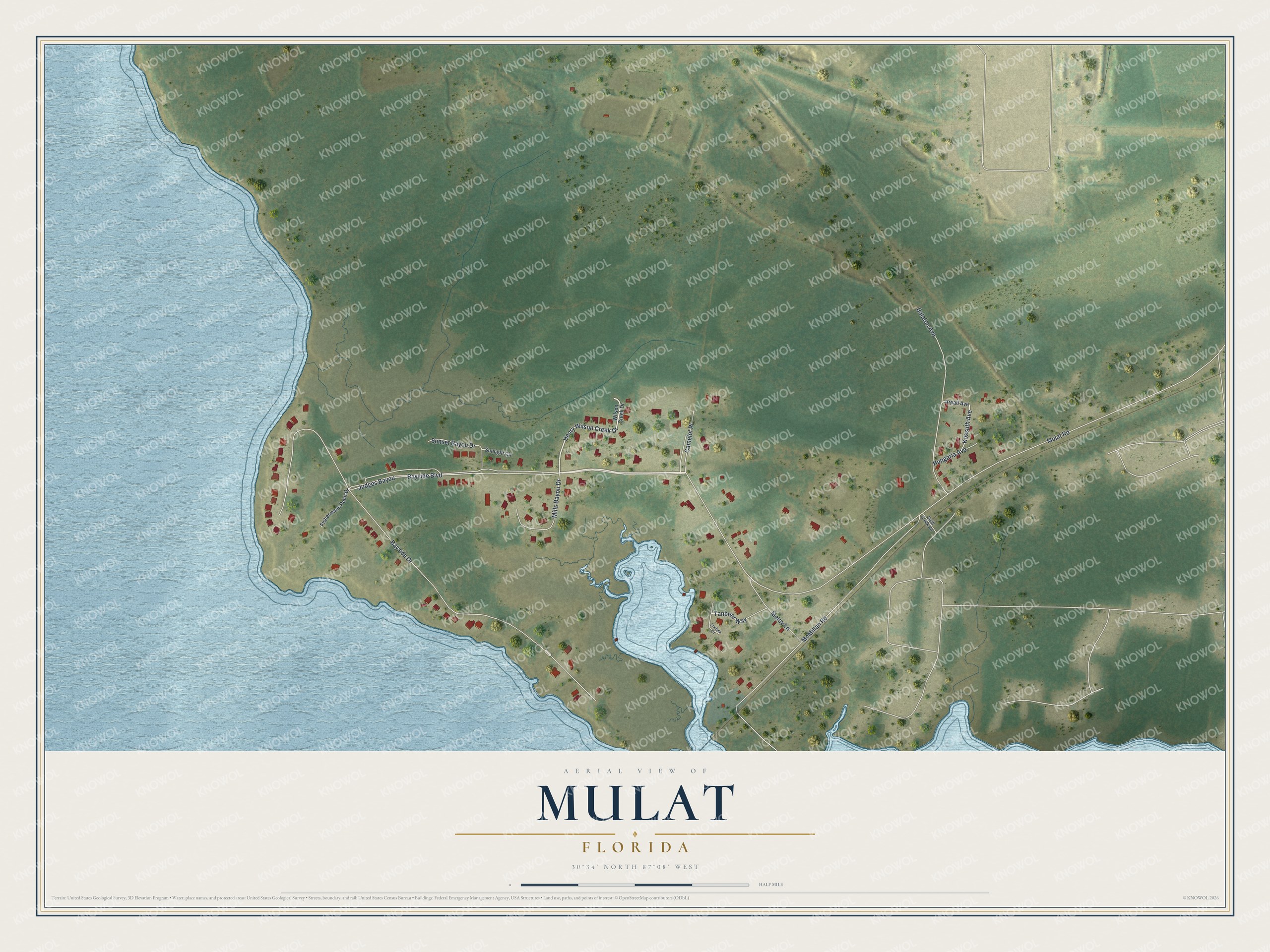 Full map of Mulat, Florida, with red buildings, printed street names and the land around them
