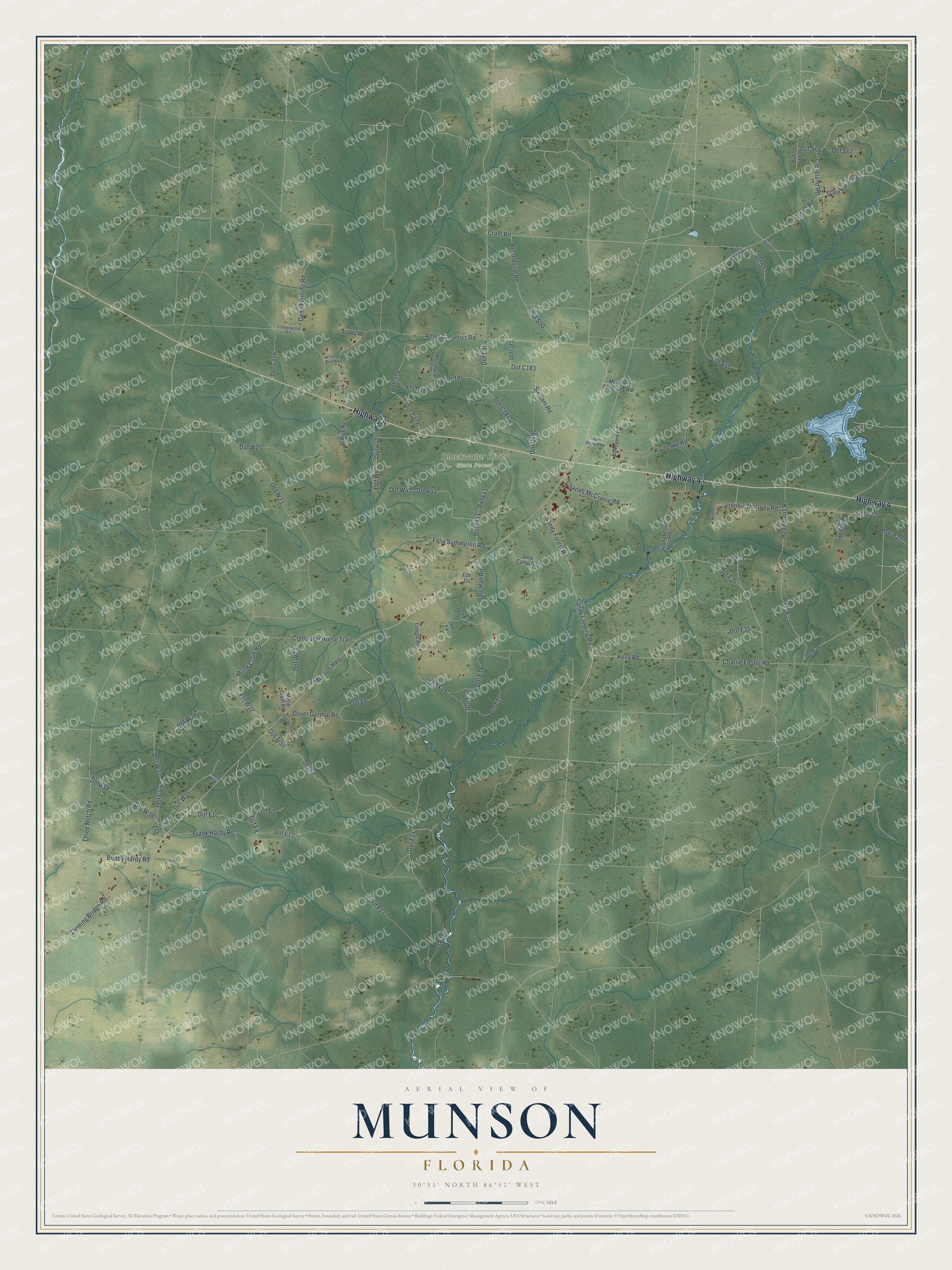 Full map of Munson, Florida, with red buildings, printed street names and the land around them