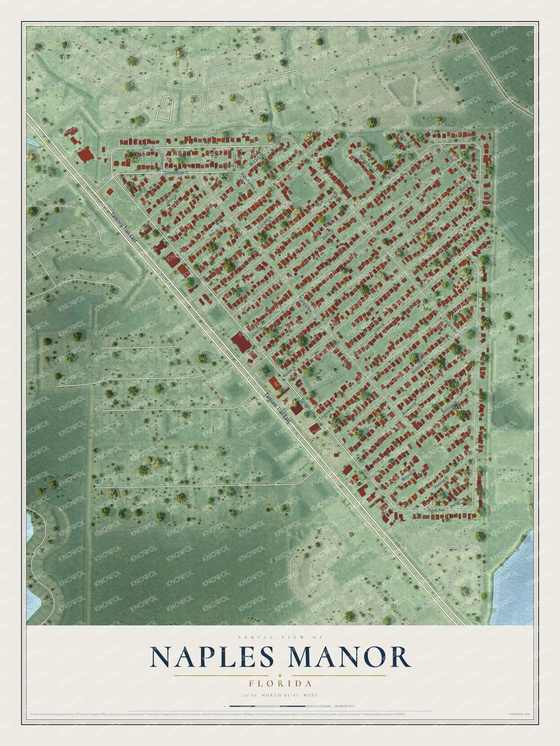 Full map of Naples Manor, Florida, with red buildings, printed street names and the land around them