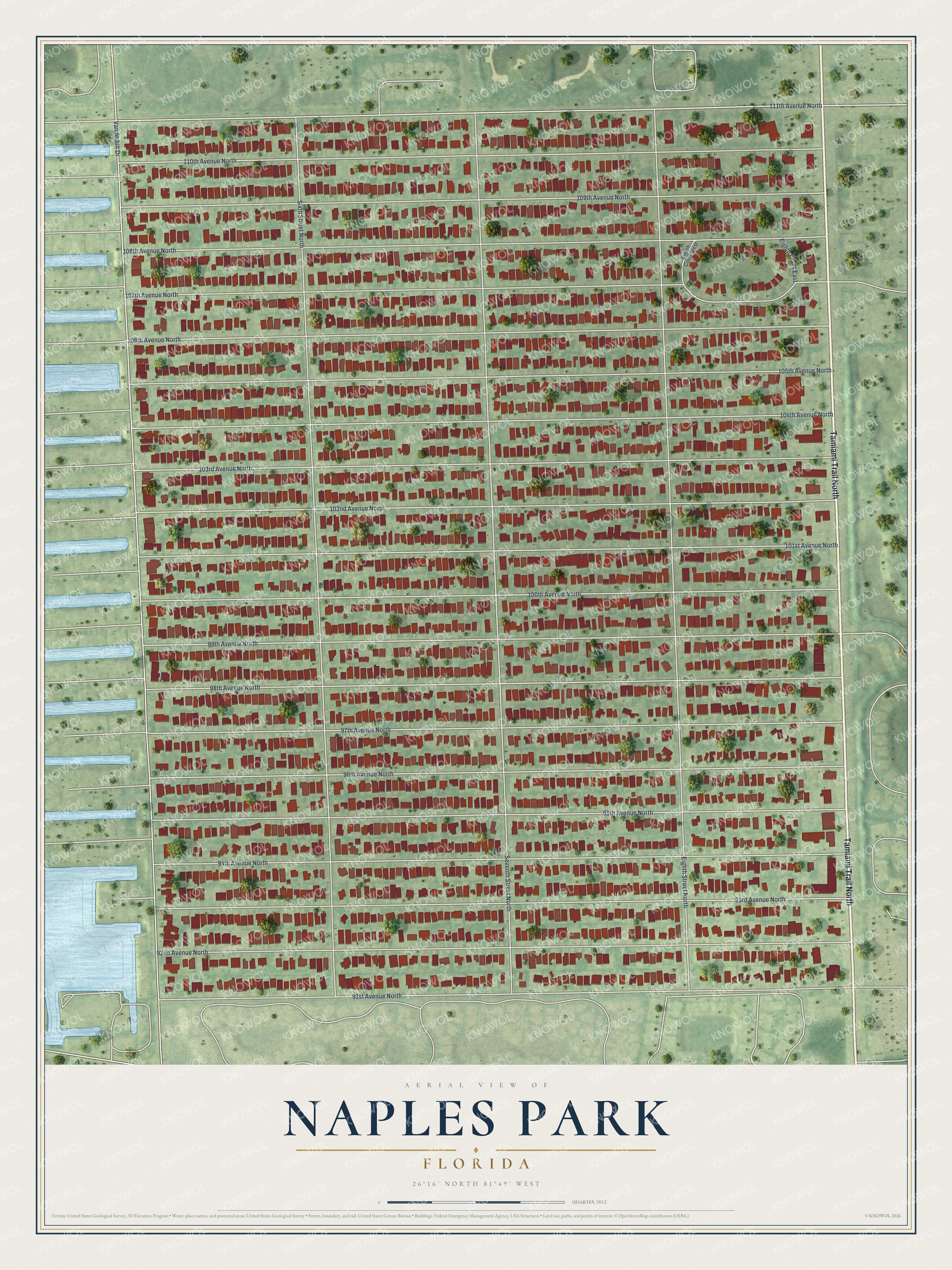 Full map of Naples Park, Florida, with red buildings, printed street names and the land around them