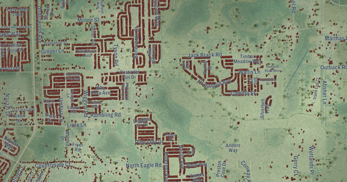Close-up of streets and buildings in Narcoossee, Florida