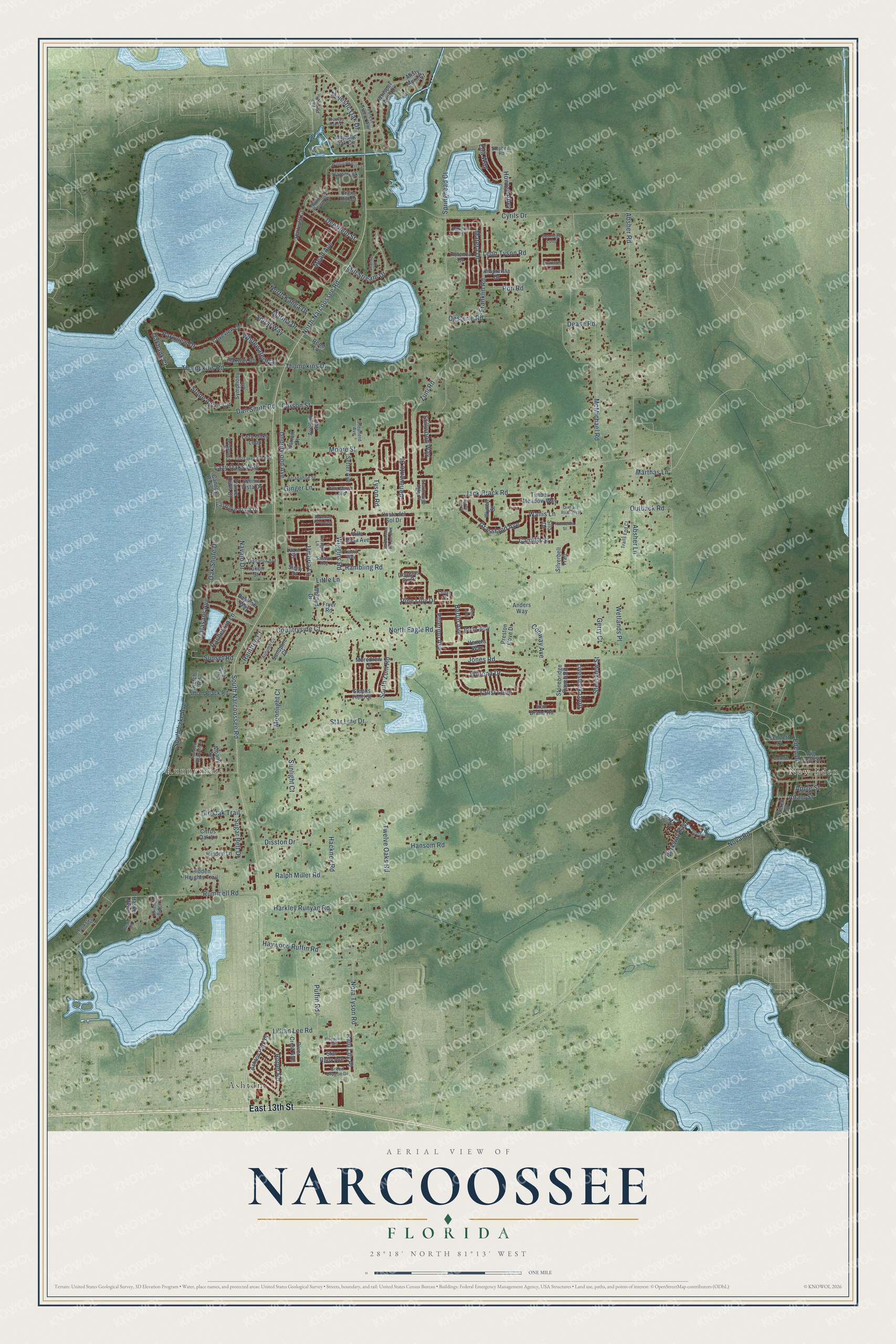 Full map of Narcoossee, Florida, with red buildings, printed street names and the land around them