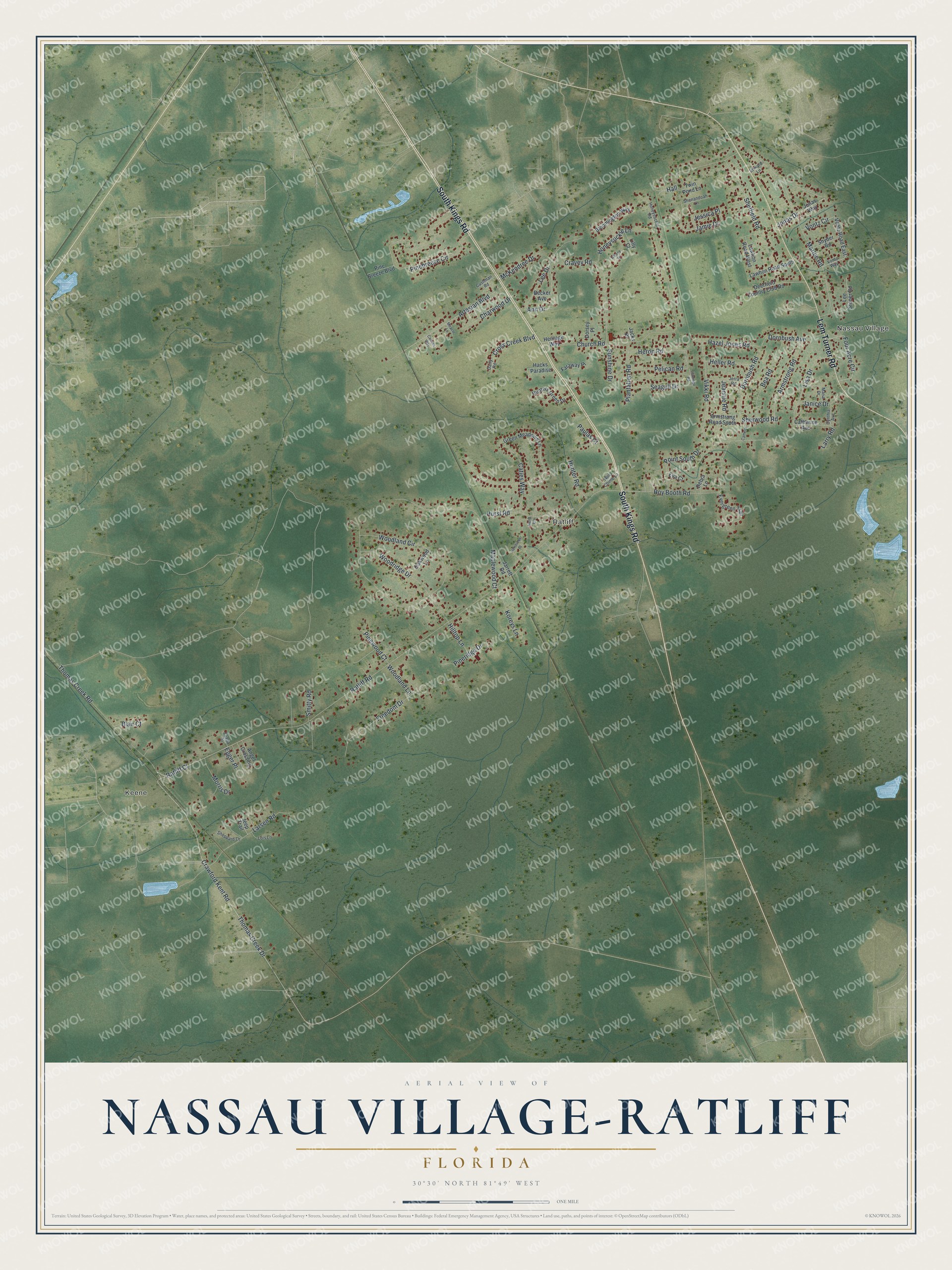 Full map of Nassau Village-Ratliff, Florida, with red buildings, printed street names and the land around them