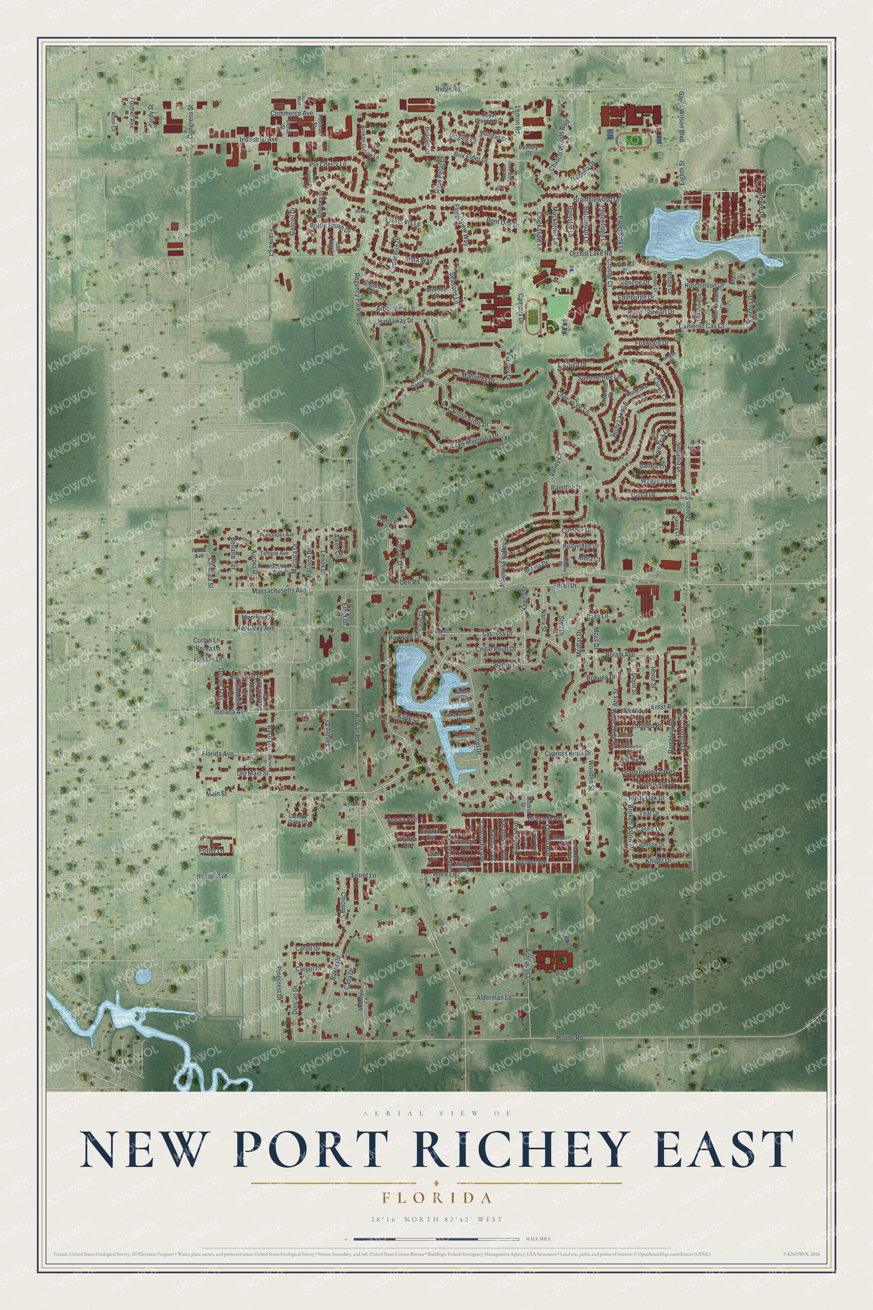 Full map of New Port Richey East, Florida, with red buildings, printed street names and the land around them