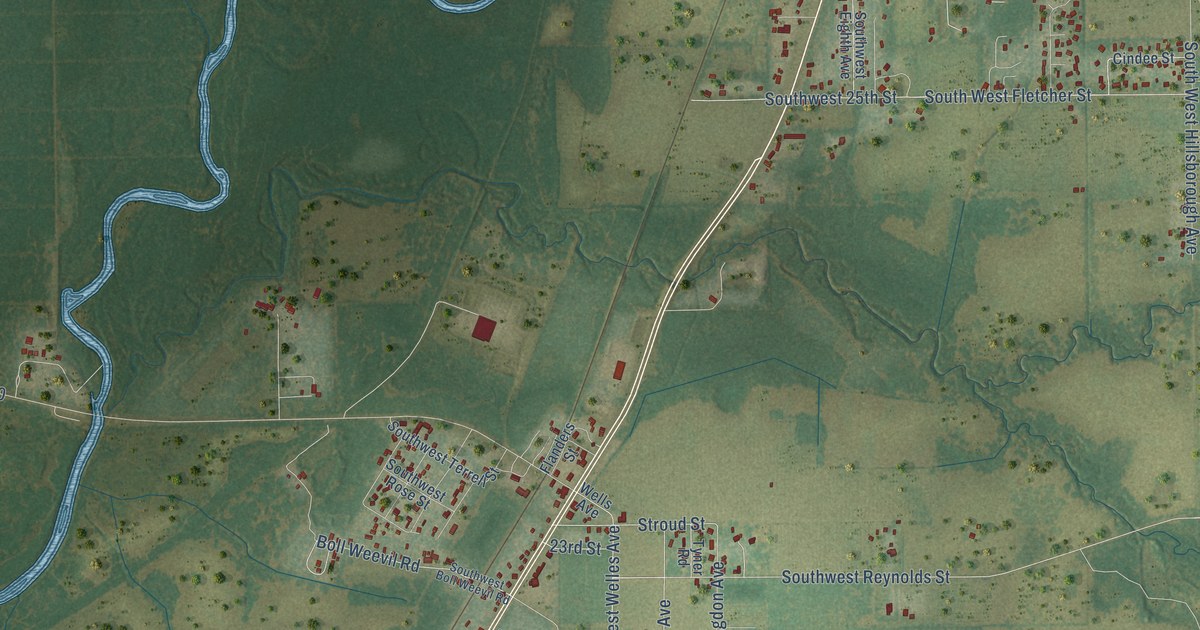 Close-up of streets and buildings in Nocatee, DeSoto County, Florida