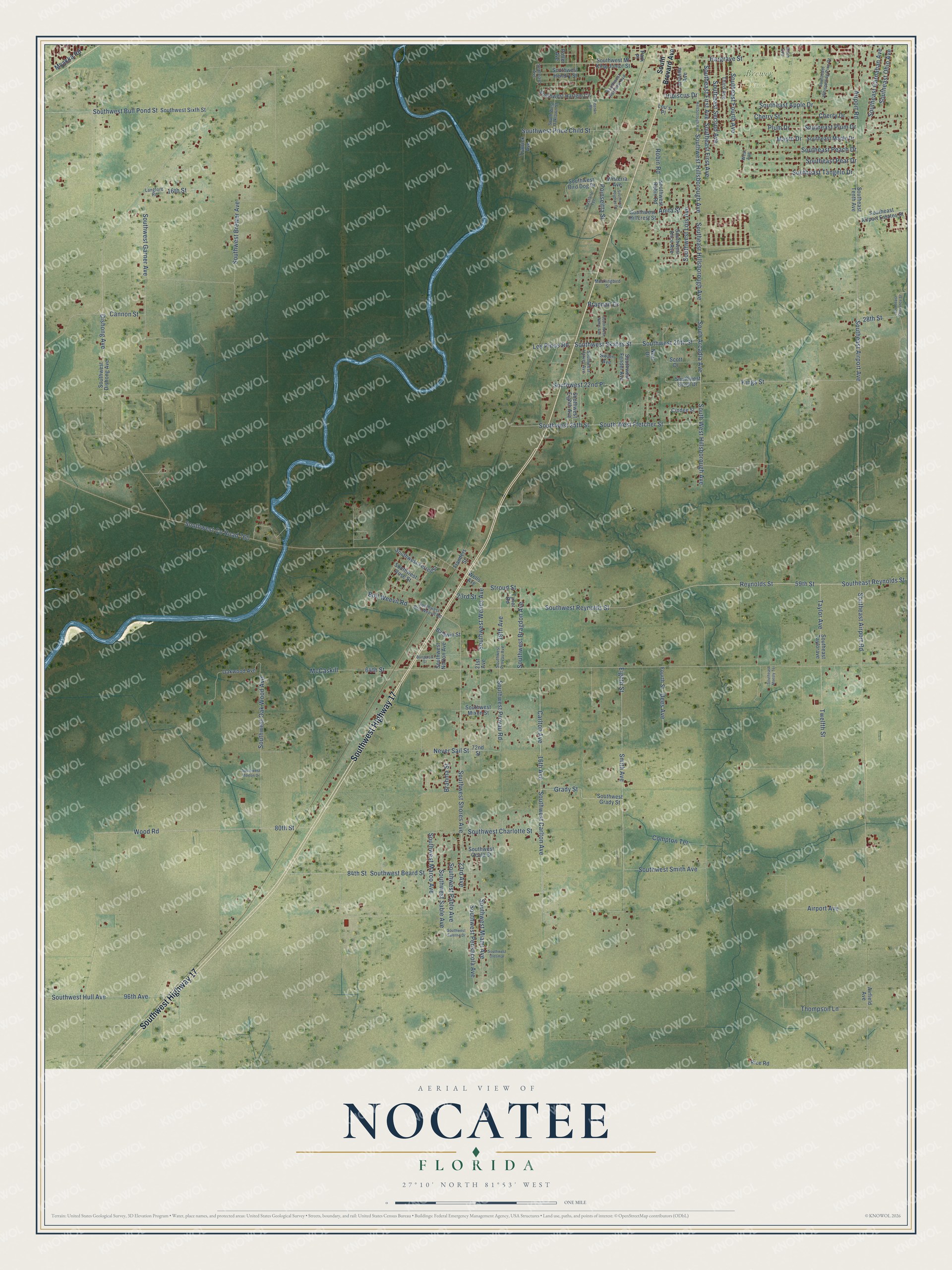 Full map of Nocatee, Florida, with red buildings, printed street names and the land around them