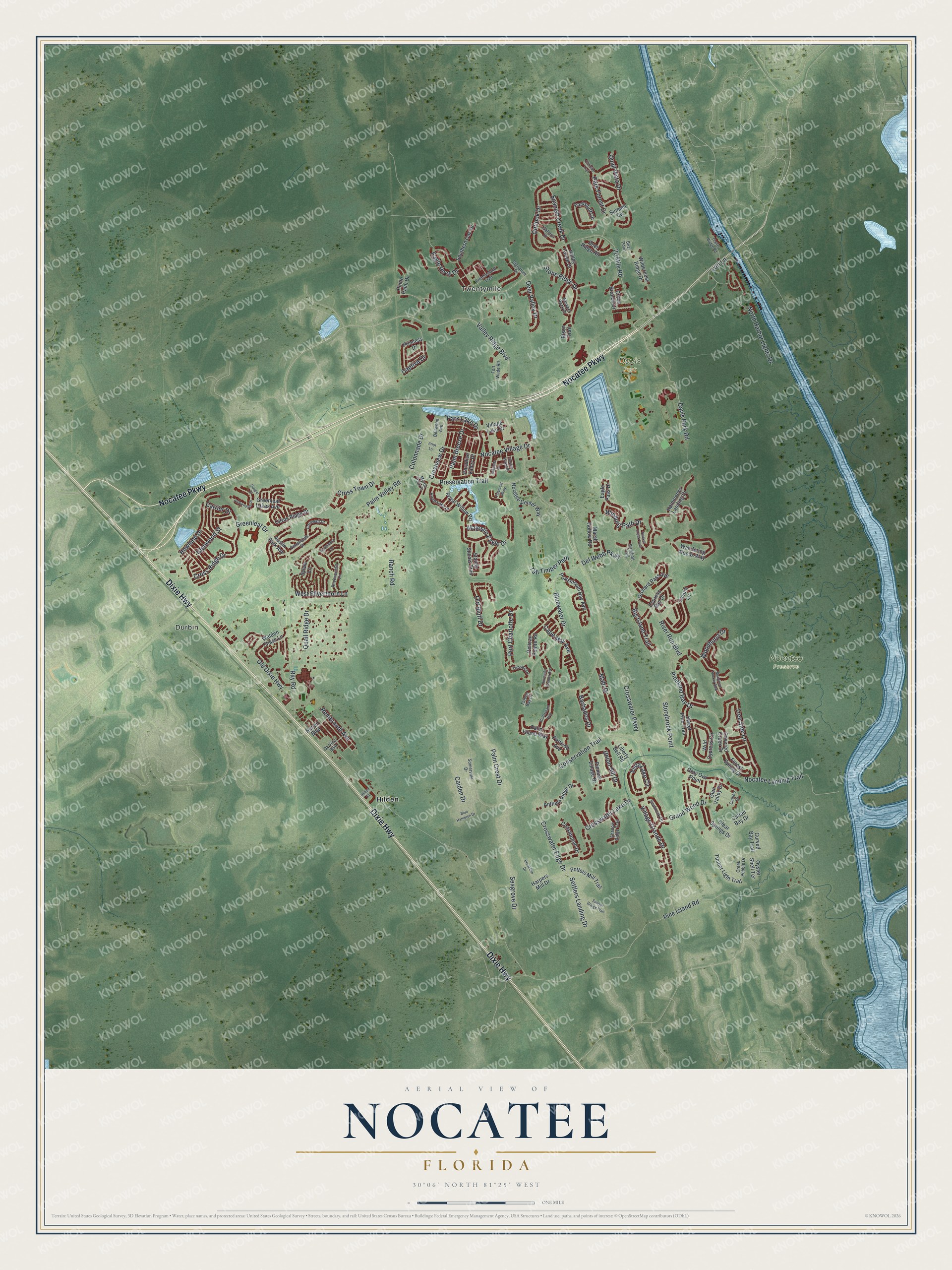 Full map of Nocatee, Florida, with red buildings, printed street names and the land around them